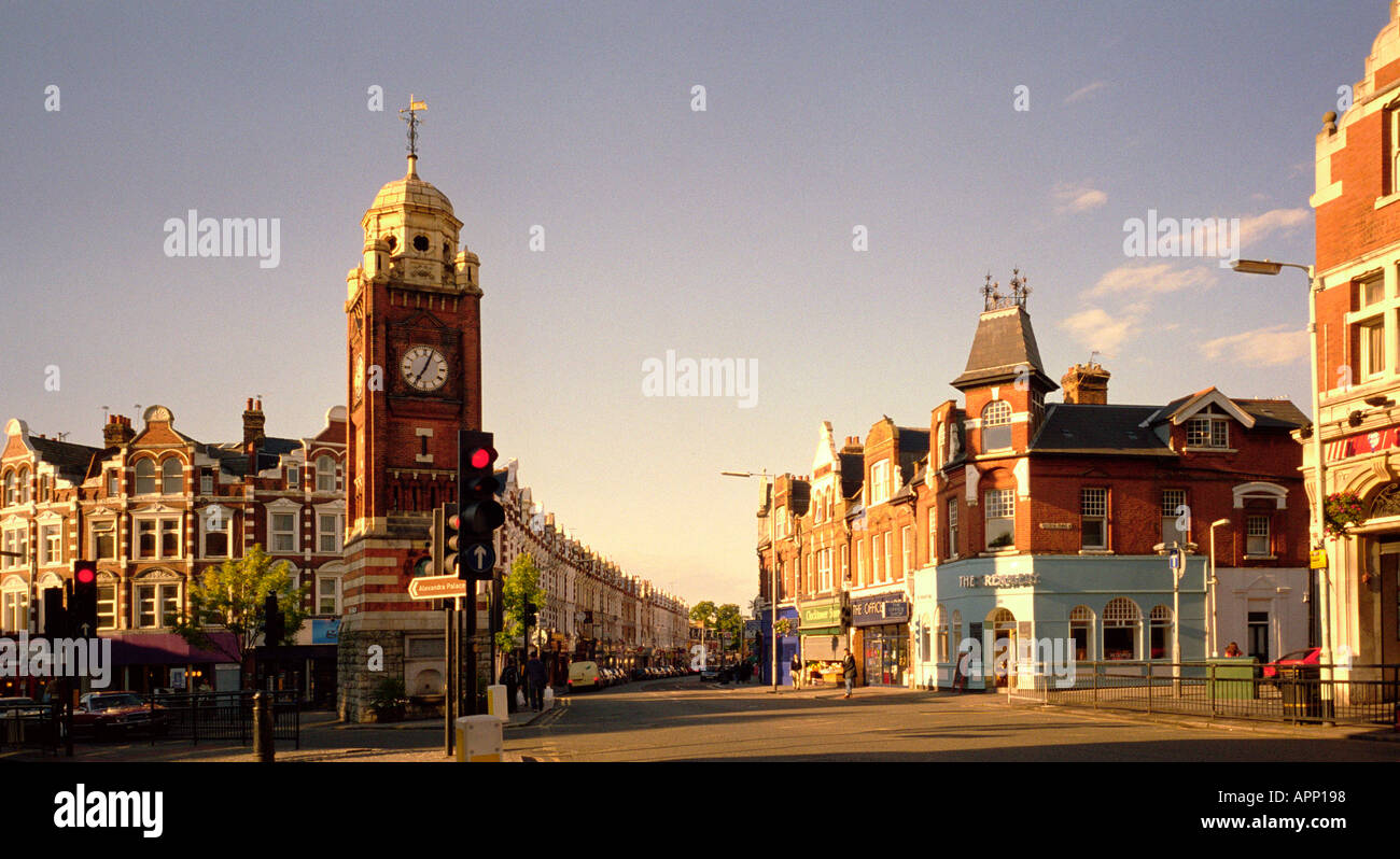 View of the clock tower in Crouch End Broadway north London England UK Stock Photo