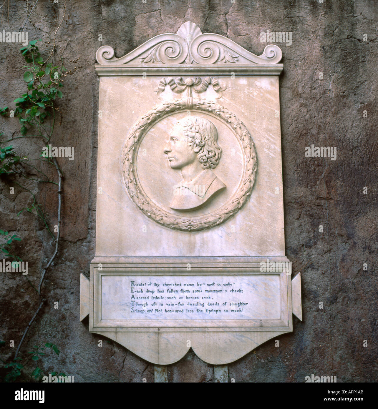 John Keats memorial wall plaque at the Protestant Cemetery in Rome, Italy, Europe EU    KATHY DEWITT Stock Photo