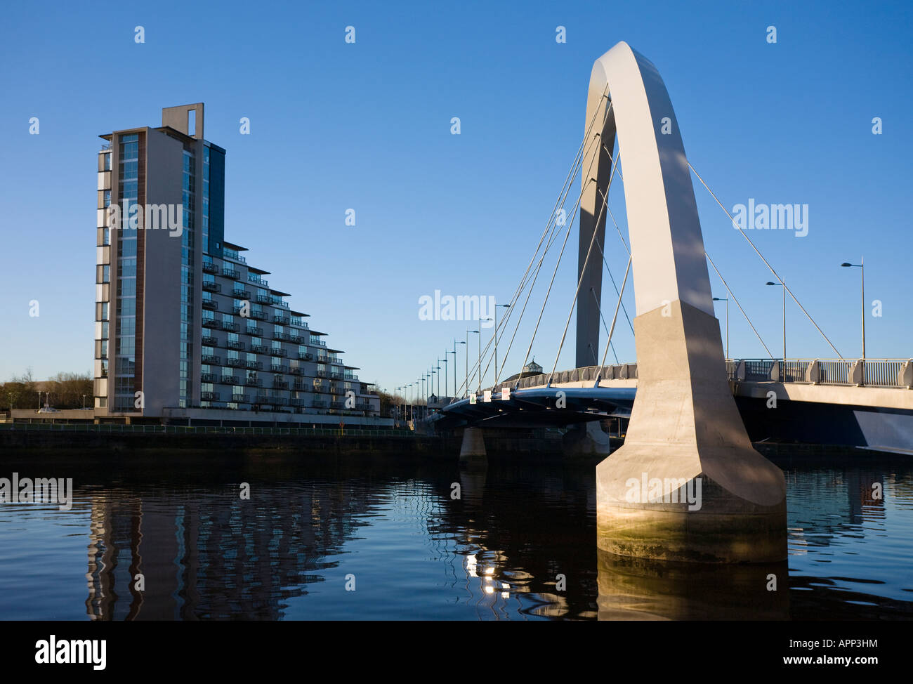 Glasgow Arc bridge spanning the River Clyde from Govan on the south bank to Anderston on the north. Stock Photo