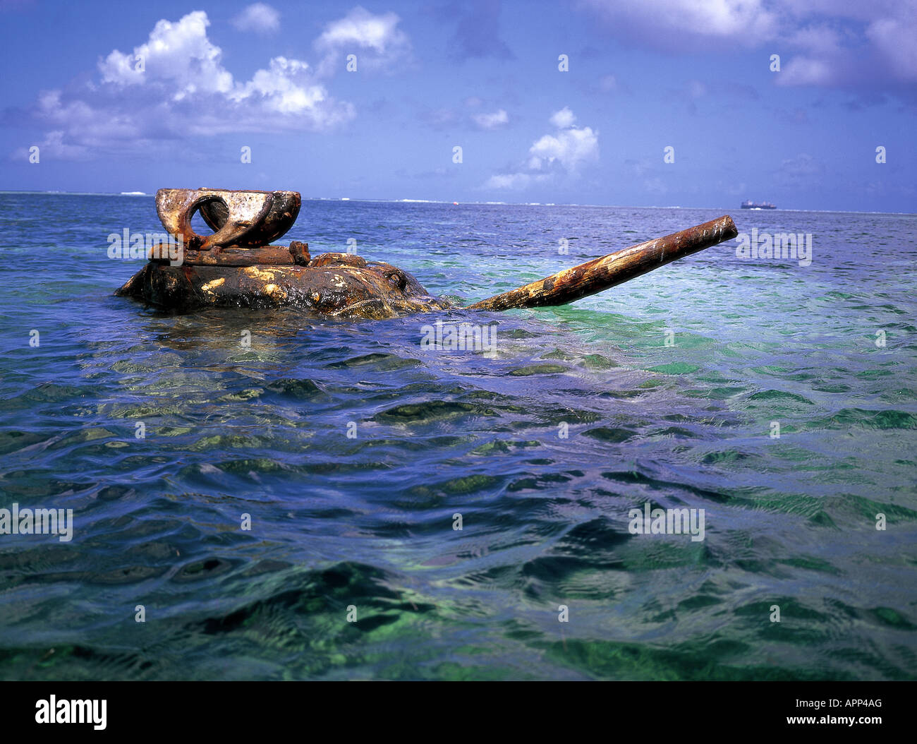 U.S. WW2 tank stranded on invasion beach, Saipan. Stock Photo