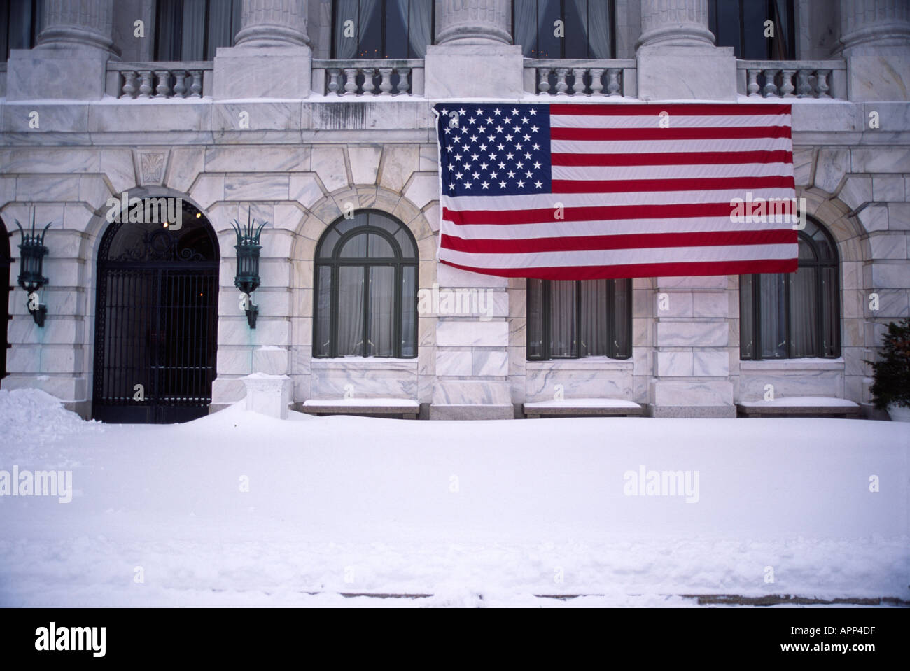 American Flag in winter with snow, Washington D.C. Stock Photo