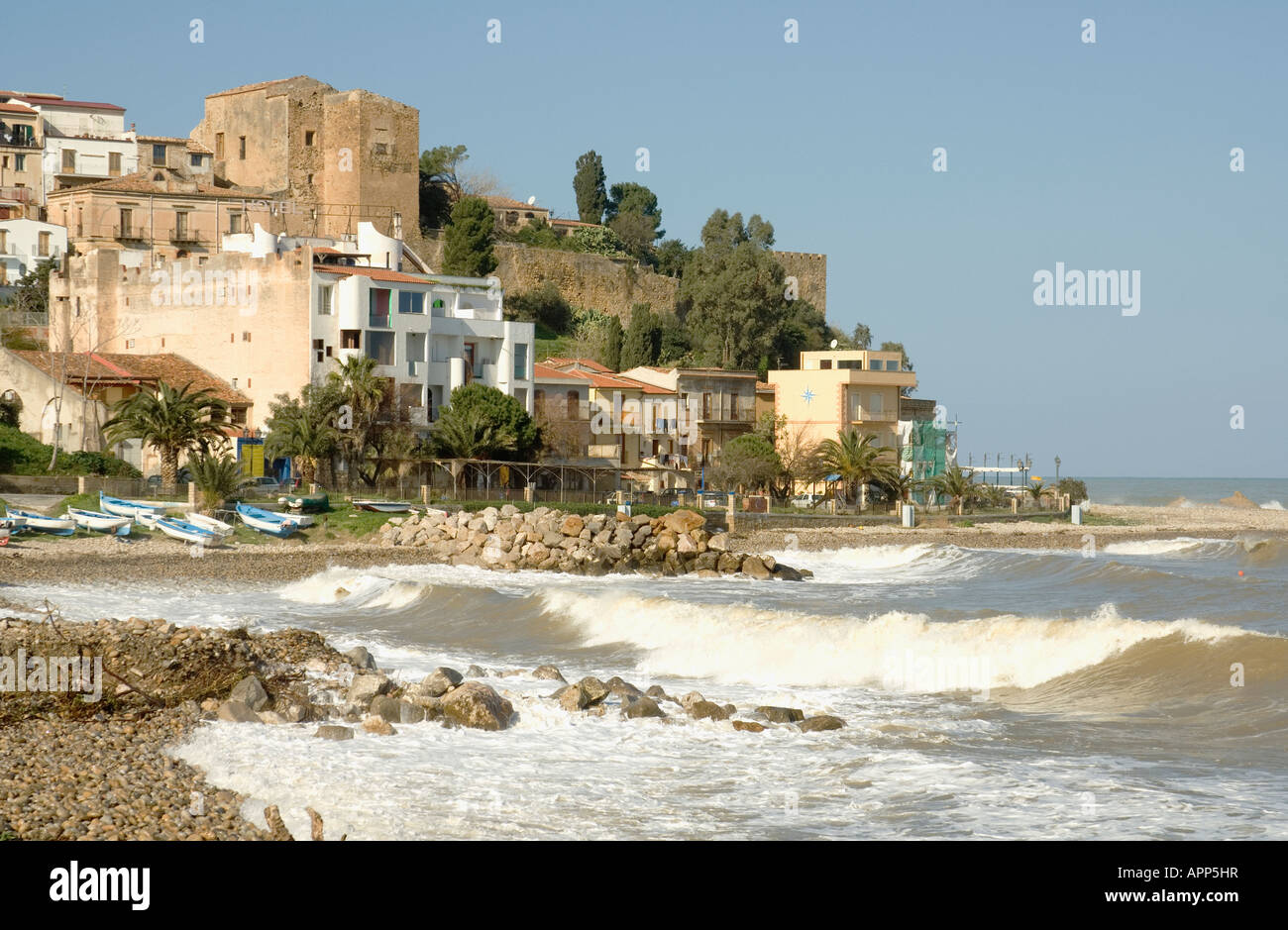 Castel di Tusa - the beach and village Stock Photo