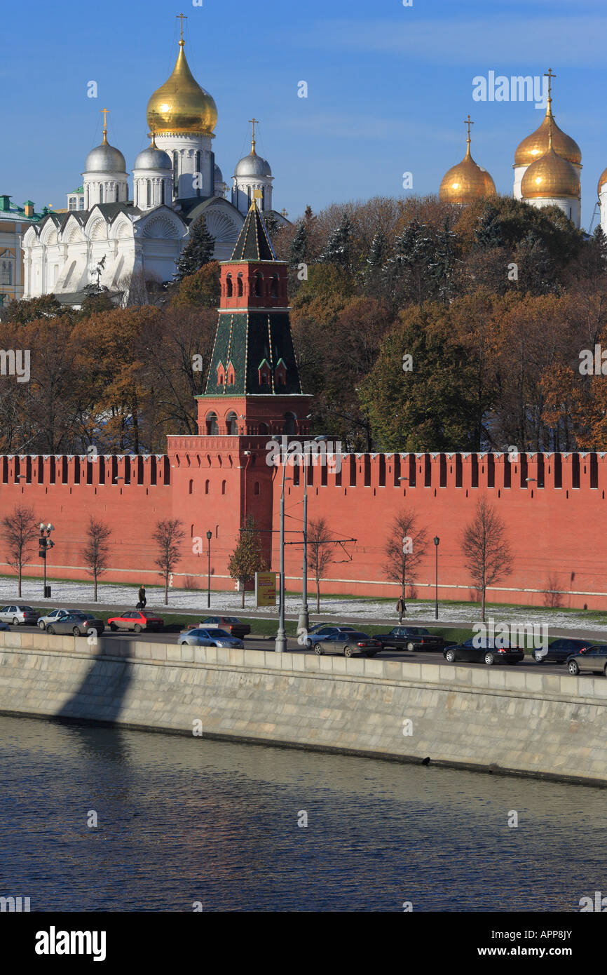 City architecture, view of red wall of Kremlin from embankment of Moskva river, Moscow, Russia Stock Photo