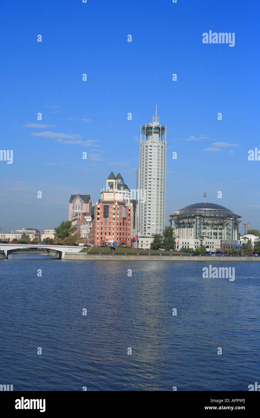 Modern high building with House of Music, view from Moskva river, Moscow Russia Stock Photo