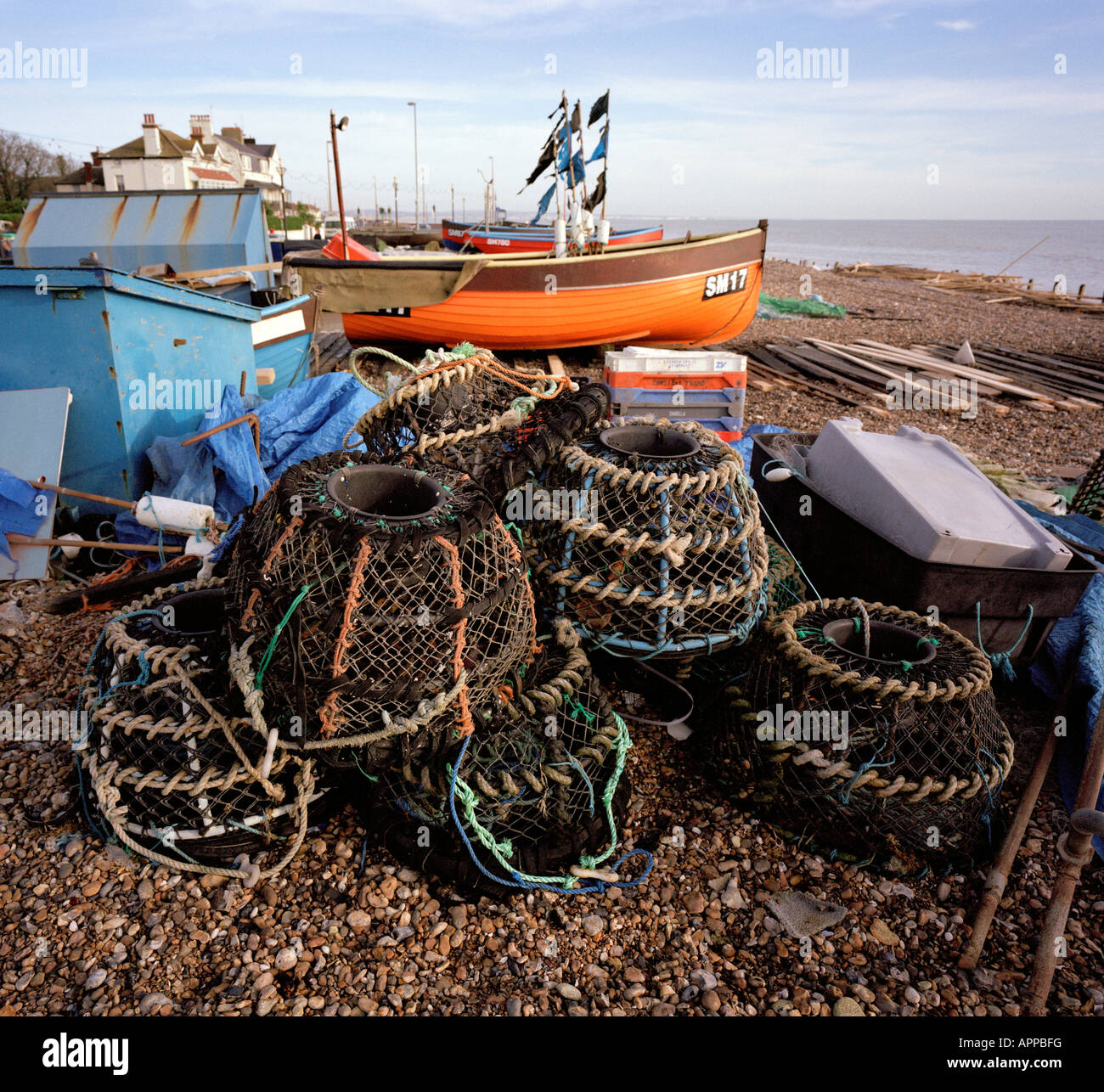 Lobster pots and fishing scene the foreshore Worthing West Sussex England UK Stock Photo