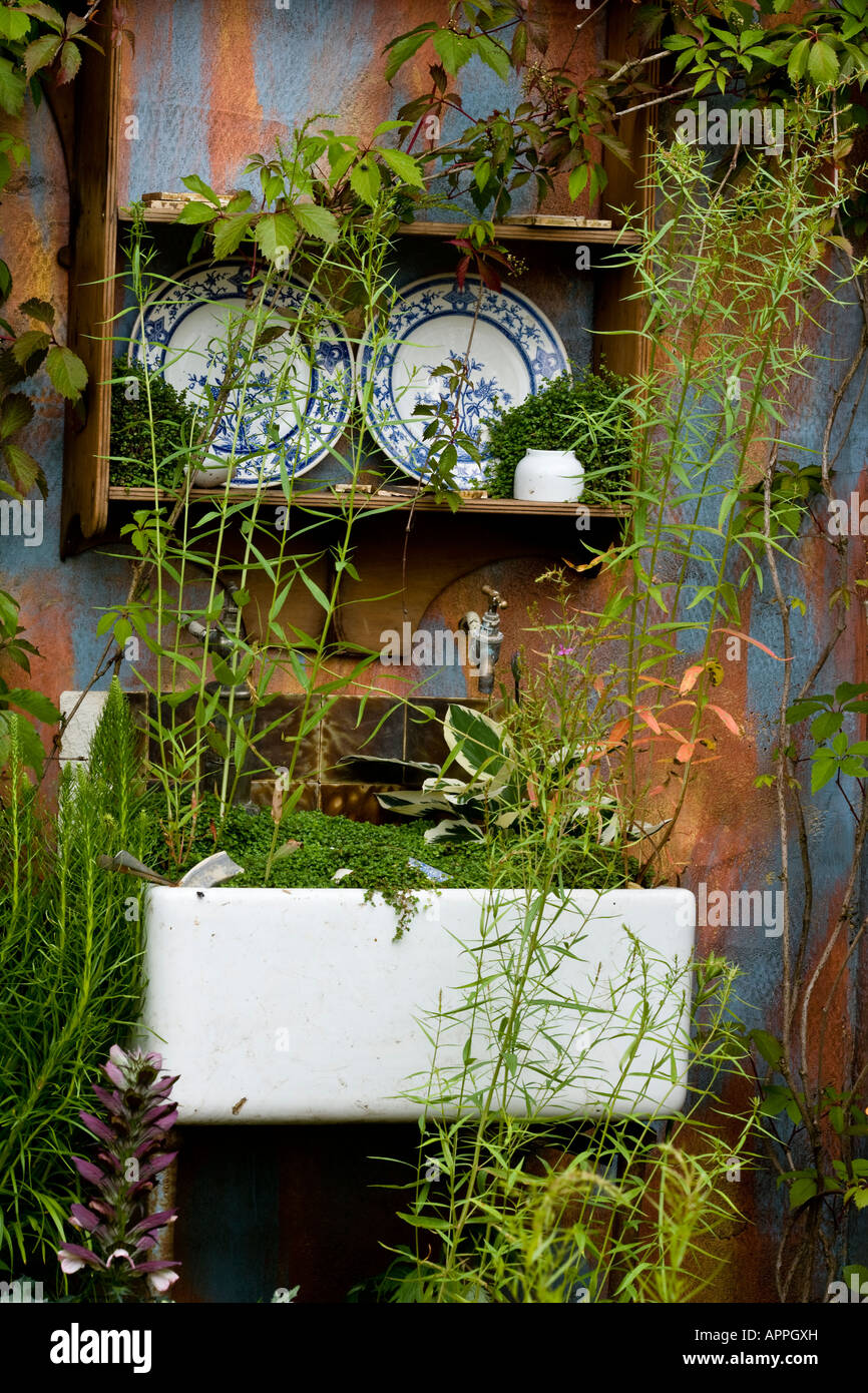 China sink and shelves in ruined house overgrown with plants Stock Photo