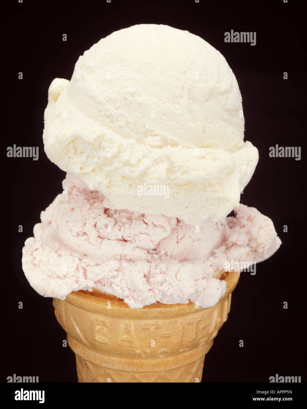 Two dip ice cream cone, vanilla strawberry flavors cold fresh smooth