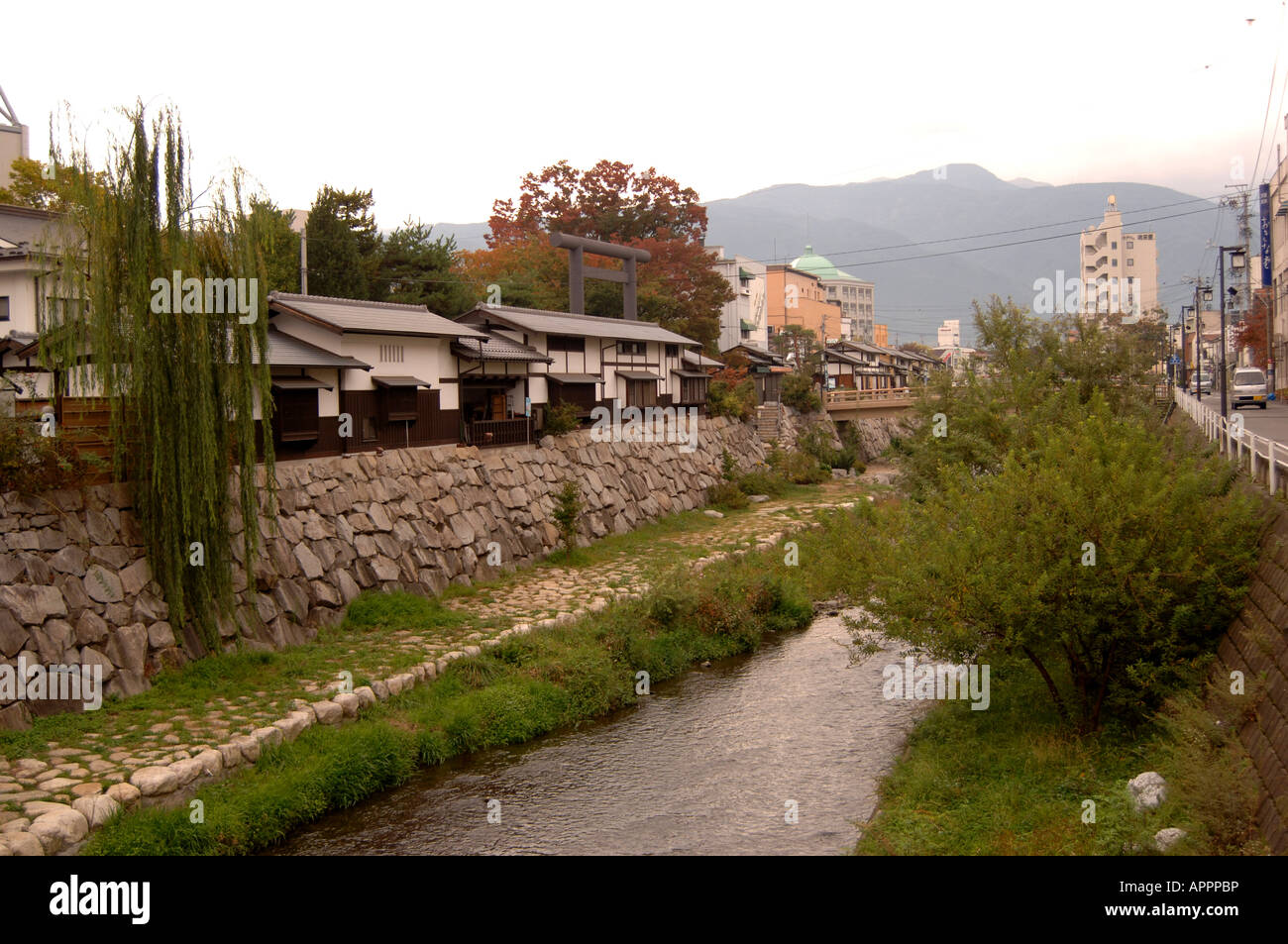 Traditional Shops along the Metoba-gawa in Matsumoto Japan Stock Photo