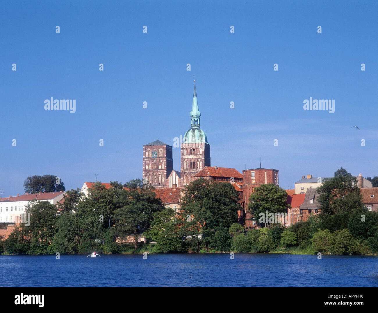 The skyline of Gothic brick buildings of the Baltic town of Stralsund ...