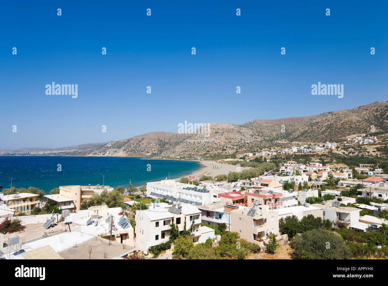 View over the village and beach from the Castle, Paleochora, South West Coast, Hania Province, Crete, Greece Stock Photo