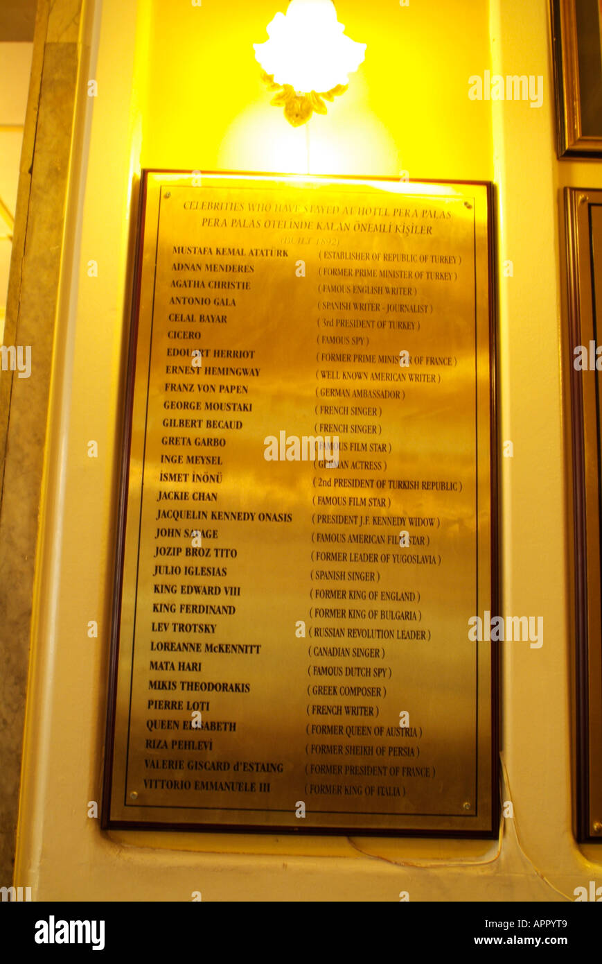 Names of the famous guests in Pera Palas Hotel in Istanbul, Turkey Stock Photo