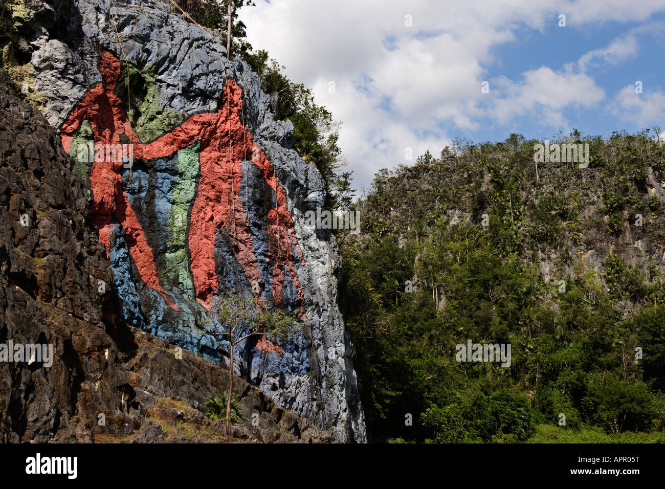 Detail of 'Mural de la prehistoria' by Leovigildo Gonzalez Morillo in Viñales, Cuba Stock Photo