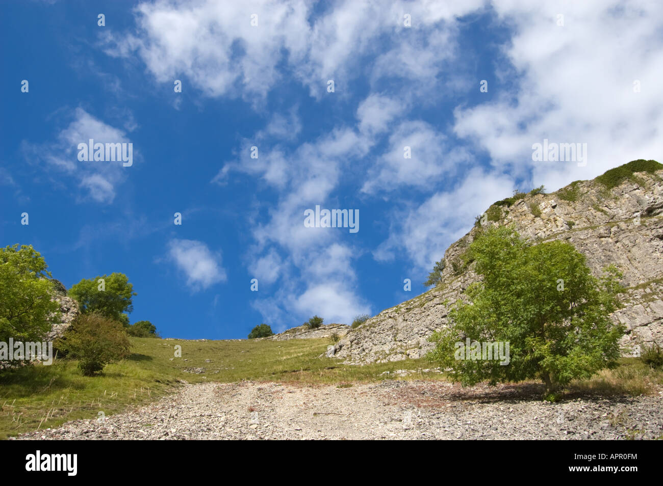 Scree slope and limestone cliffs in Lathkill Dale, Peak District, Derbyshire, England, UK Stock Photo