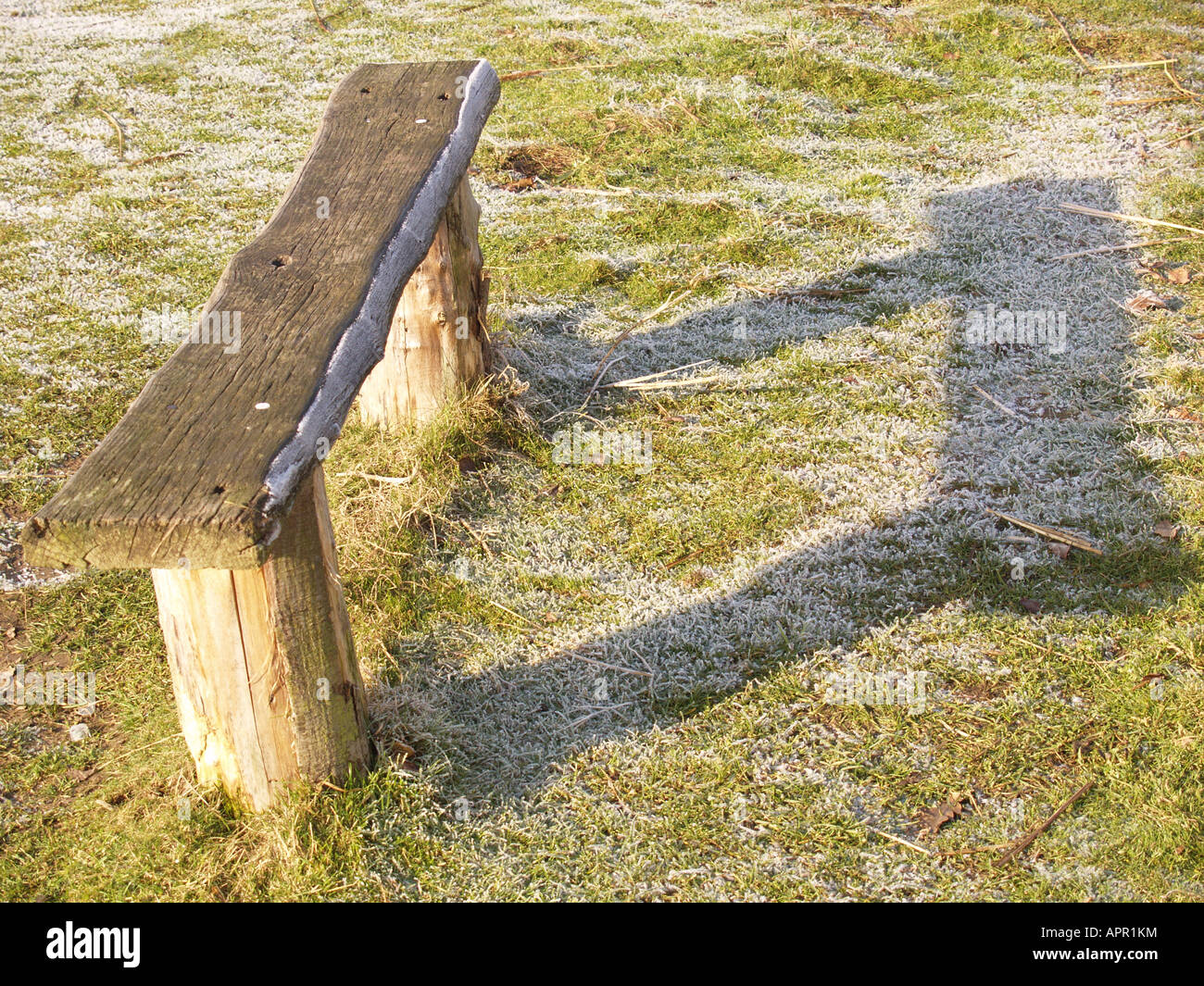 ice frost frosted melting wooden seat sun shadow Stock Photo