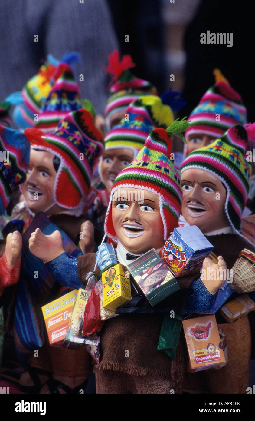 Ekekos ( an Aymara folklore figure who is a symbol of wealth and good luck ) on stall, Alasitas festival, La Paz, Bolivia Stock Photo