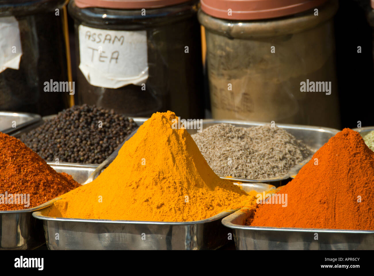 Indian spices and teas for sale for the tourist trade in Pahar Ganj, New Delhi, India. Stock Photo