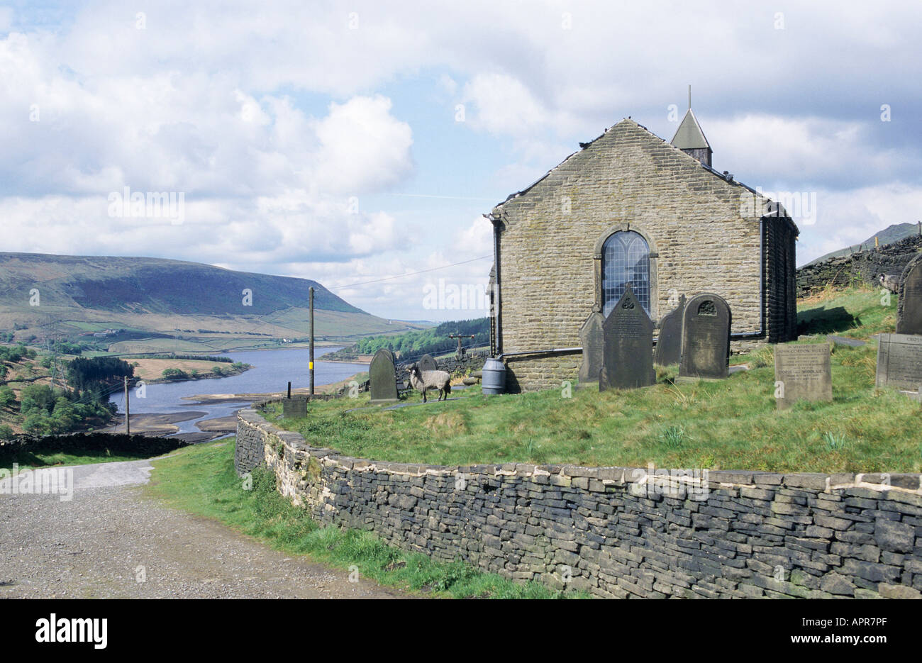 Isolated in the Longendale Valley Woodhead Chapel has memorials to builders and their families who died of cholera during the construction of the 1849 Woodhead railway tunnel Graveyard and sheep in the foreground Wall around the church Road leading towards the lake Peak District Stock Photo