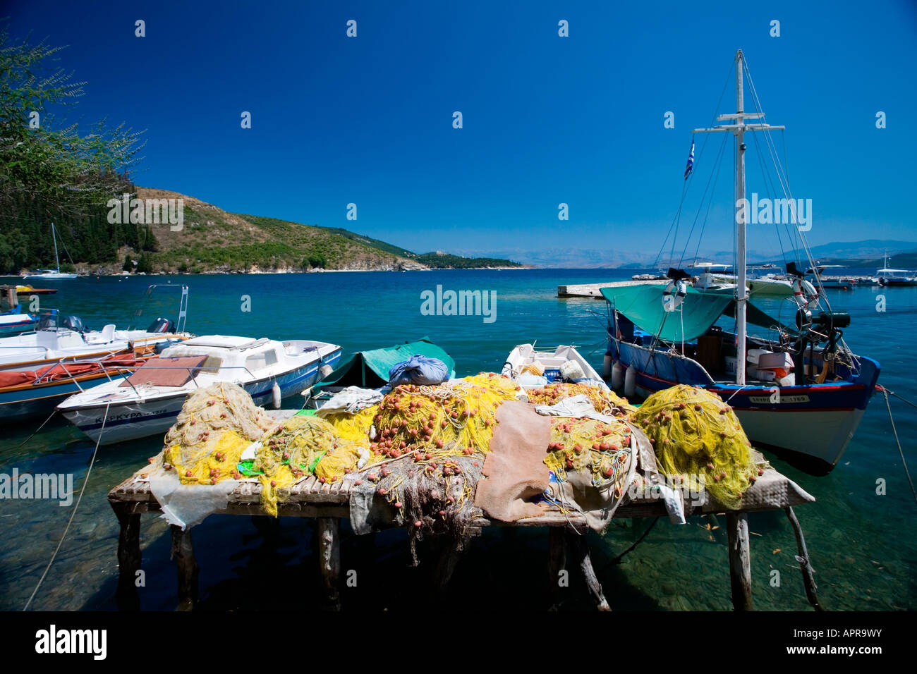 Traditional Greek Fishing Boat and nets at Kouloura, Corfu, Greece