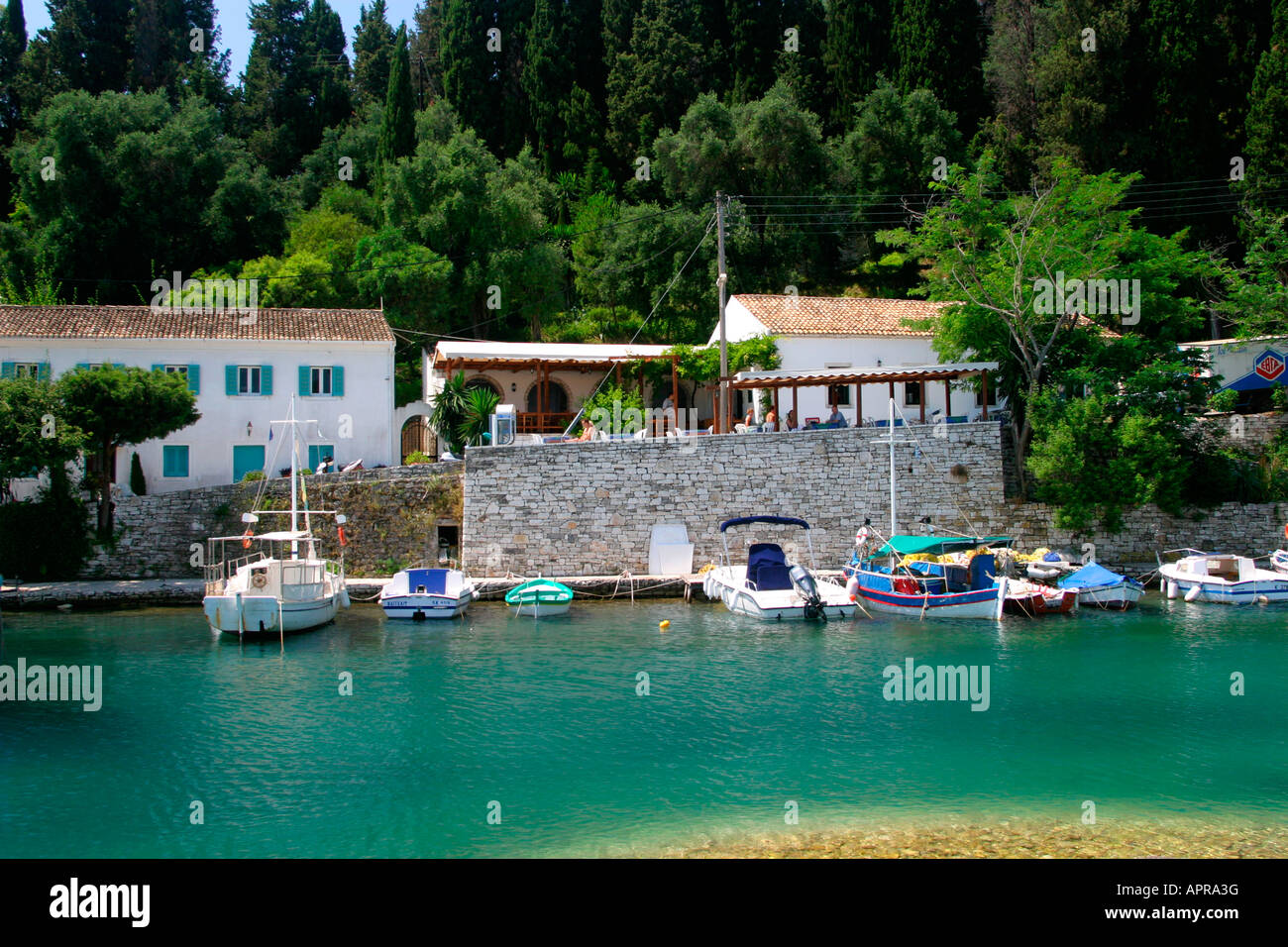 Moored Boats at Taverna Kouloura, Corfu, Greece Stock Photo - Alamy