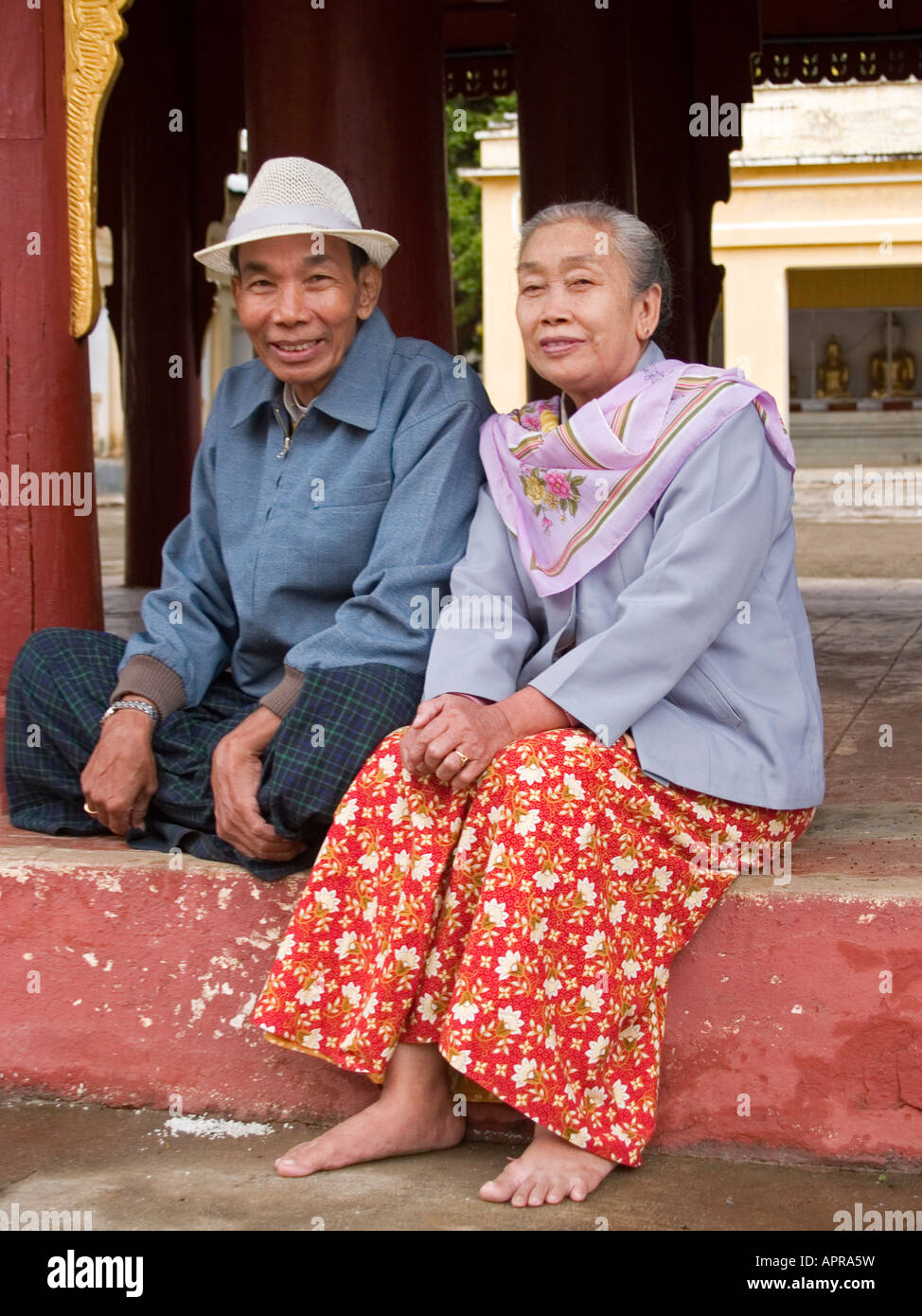 happy Burmese older couple in Bagan Myanmar Stock Photo