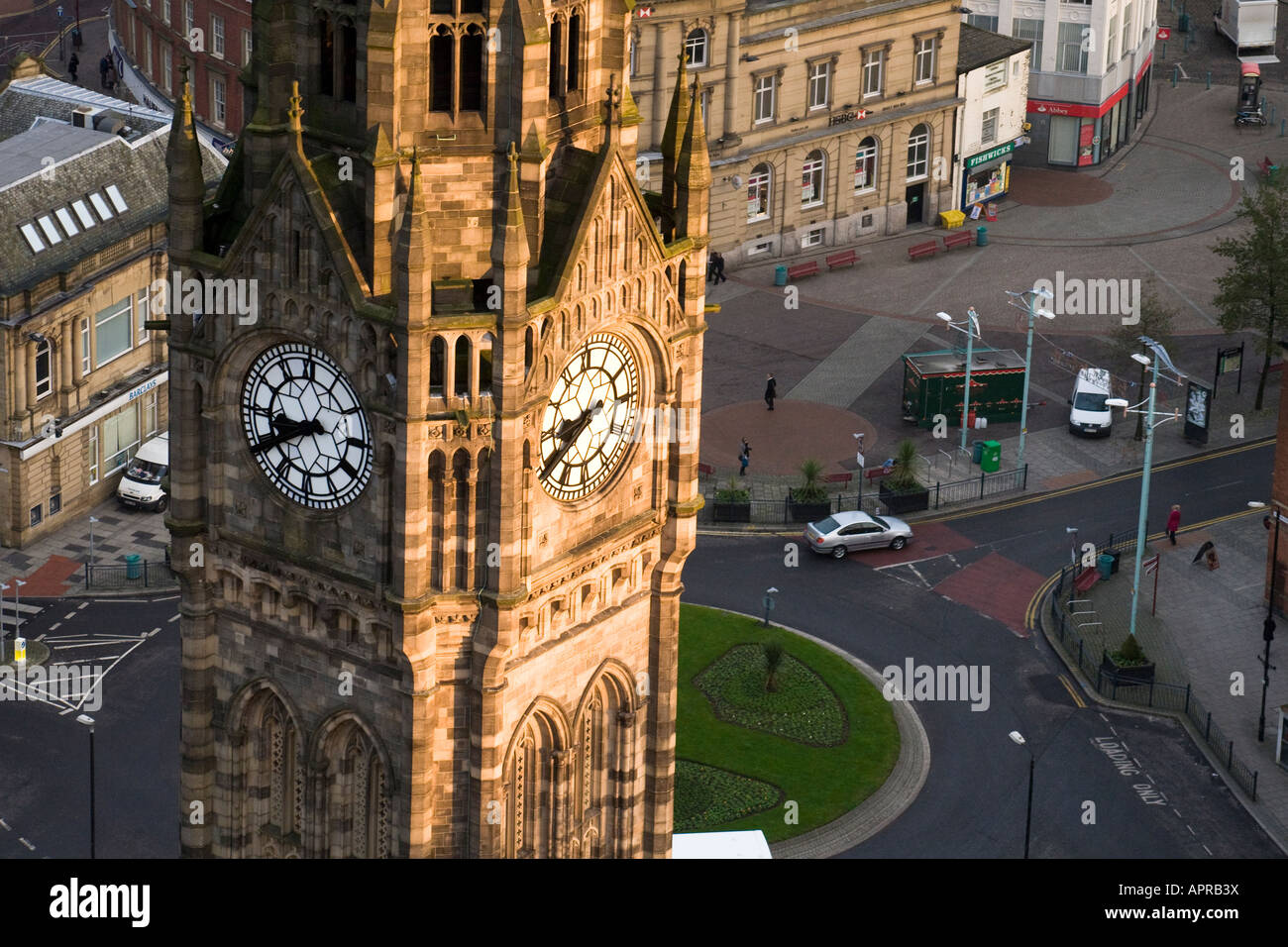 Rochdale Town Hall Tower from above with urban setting of the town
