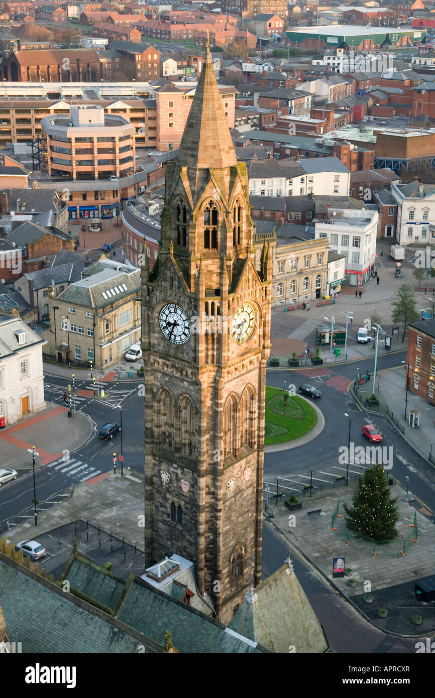 Rochdale Town Hall Tower from above with urban setting of the town centre behind Stock Photo