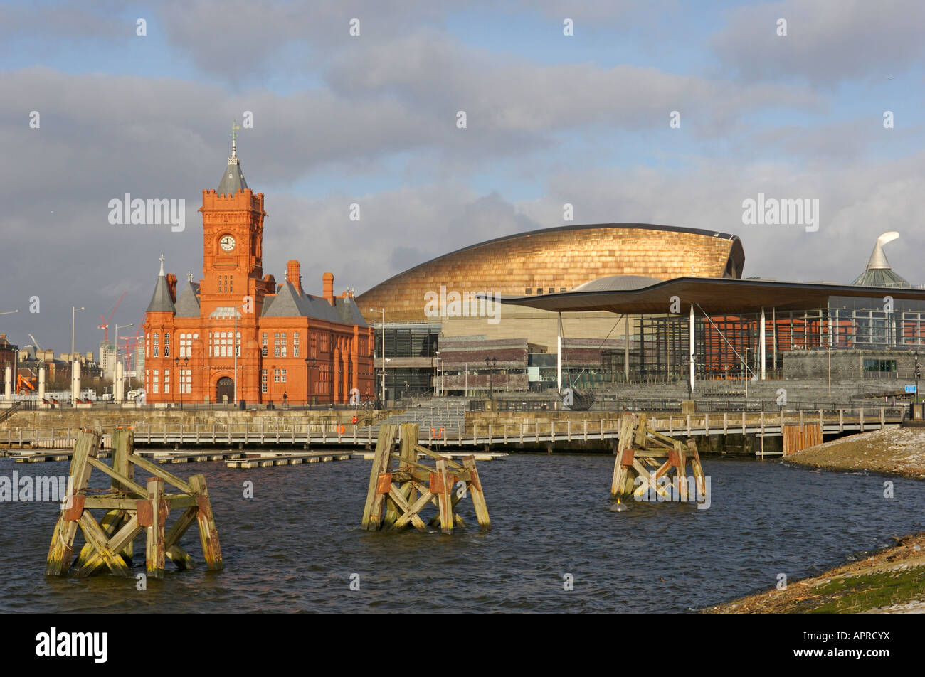 Cardiff Bay with the Welsh Assembly and the Millennium Centre and Pierhead building. Stock Photo