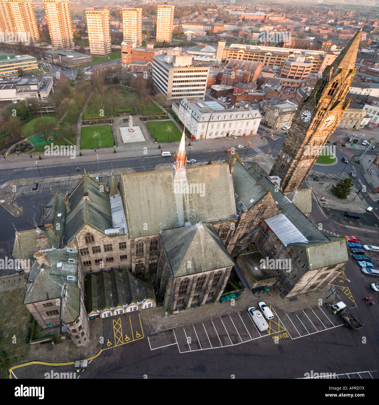 Imposing vertigo aerial shot from a cherry picker of Rochdale Town Hall and town centre Lancashire UK Stock Photo