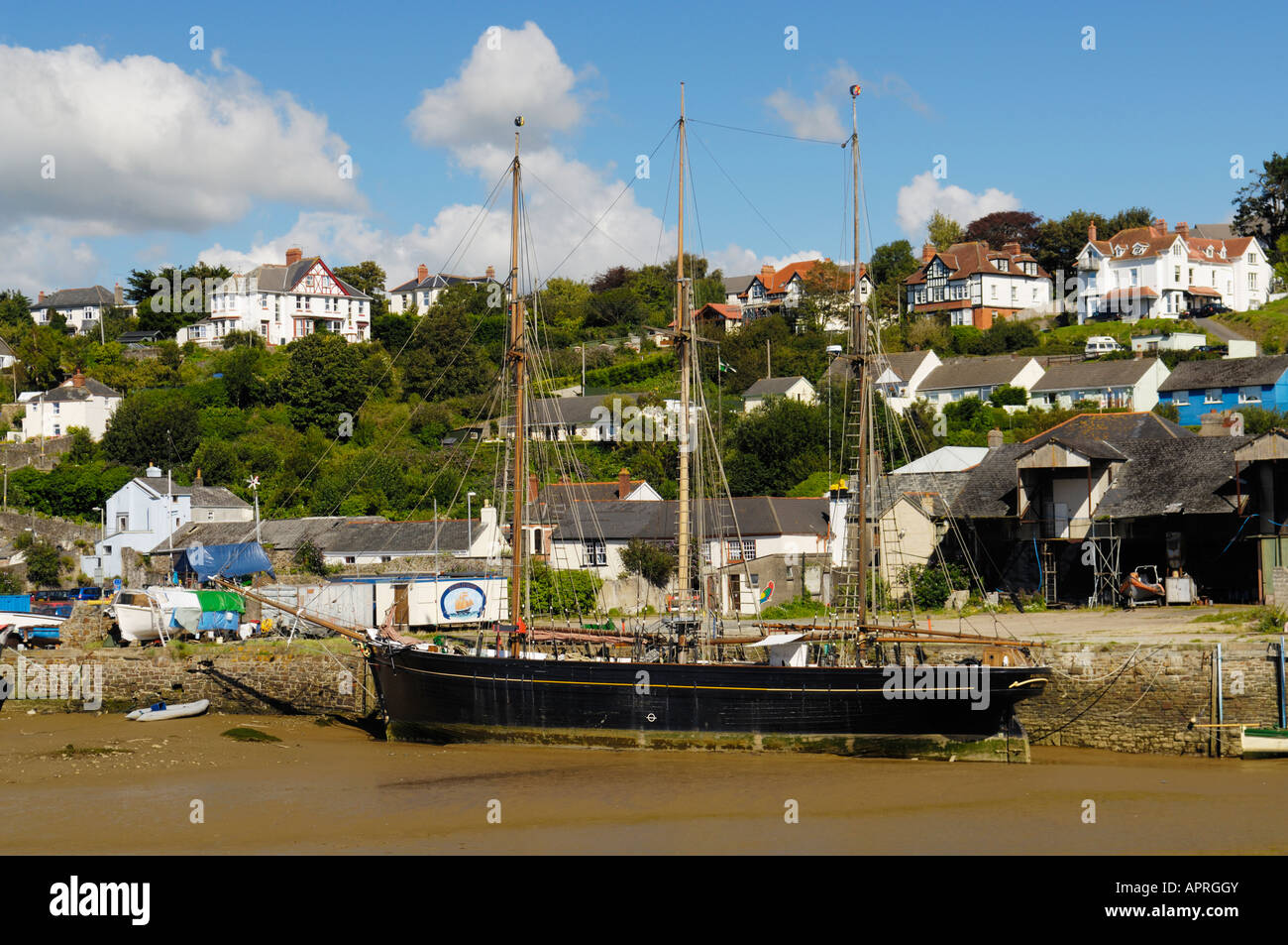 The Kathleen & May, a triple masted wooden schooner, moored at the East-the-Water quayside at Bideford on the River Torridge. Devon. Stock Photo