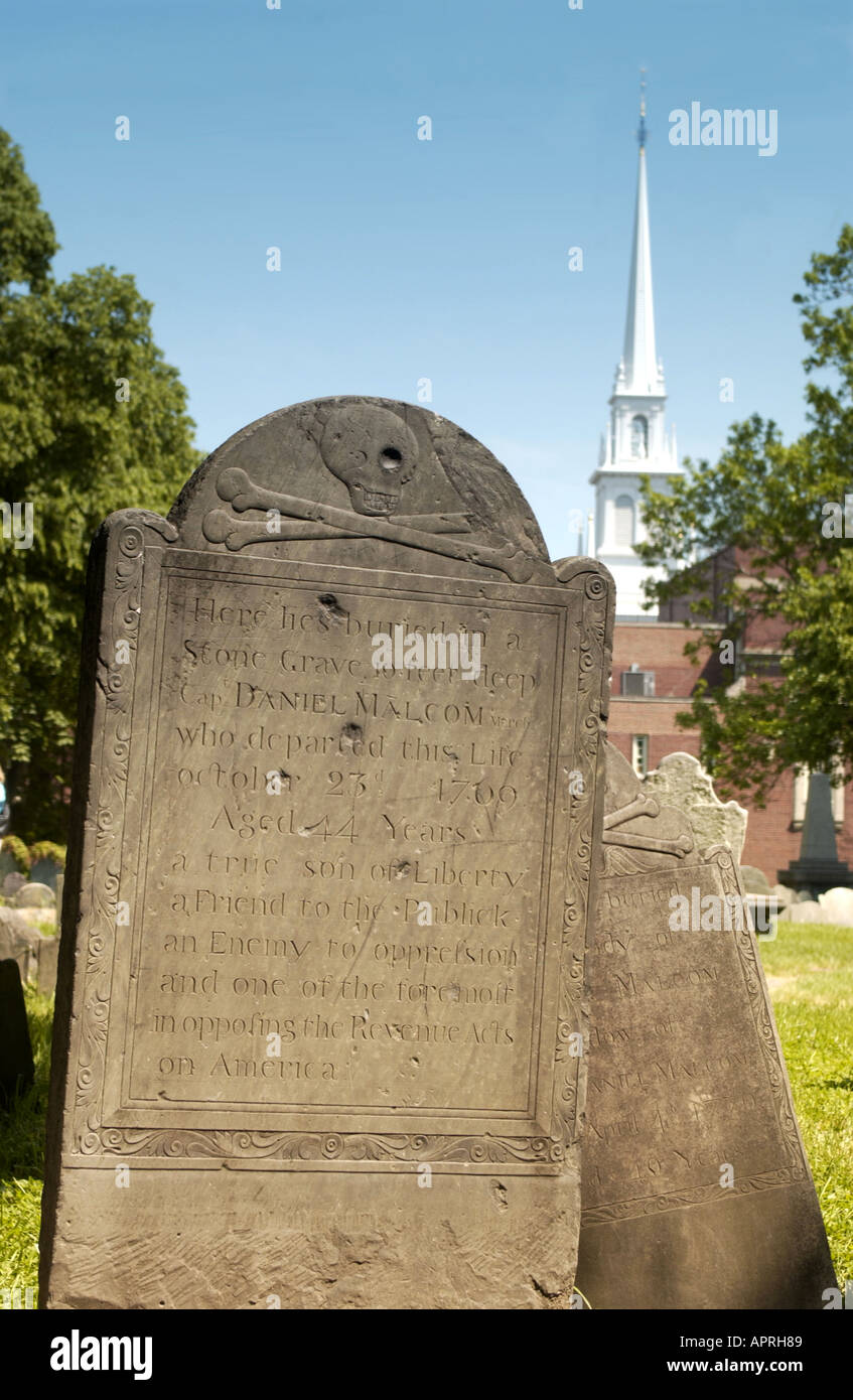 Tombstones in Copp's Hill burying ground with Old North Church in the