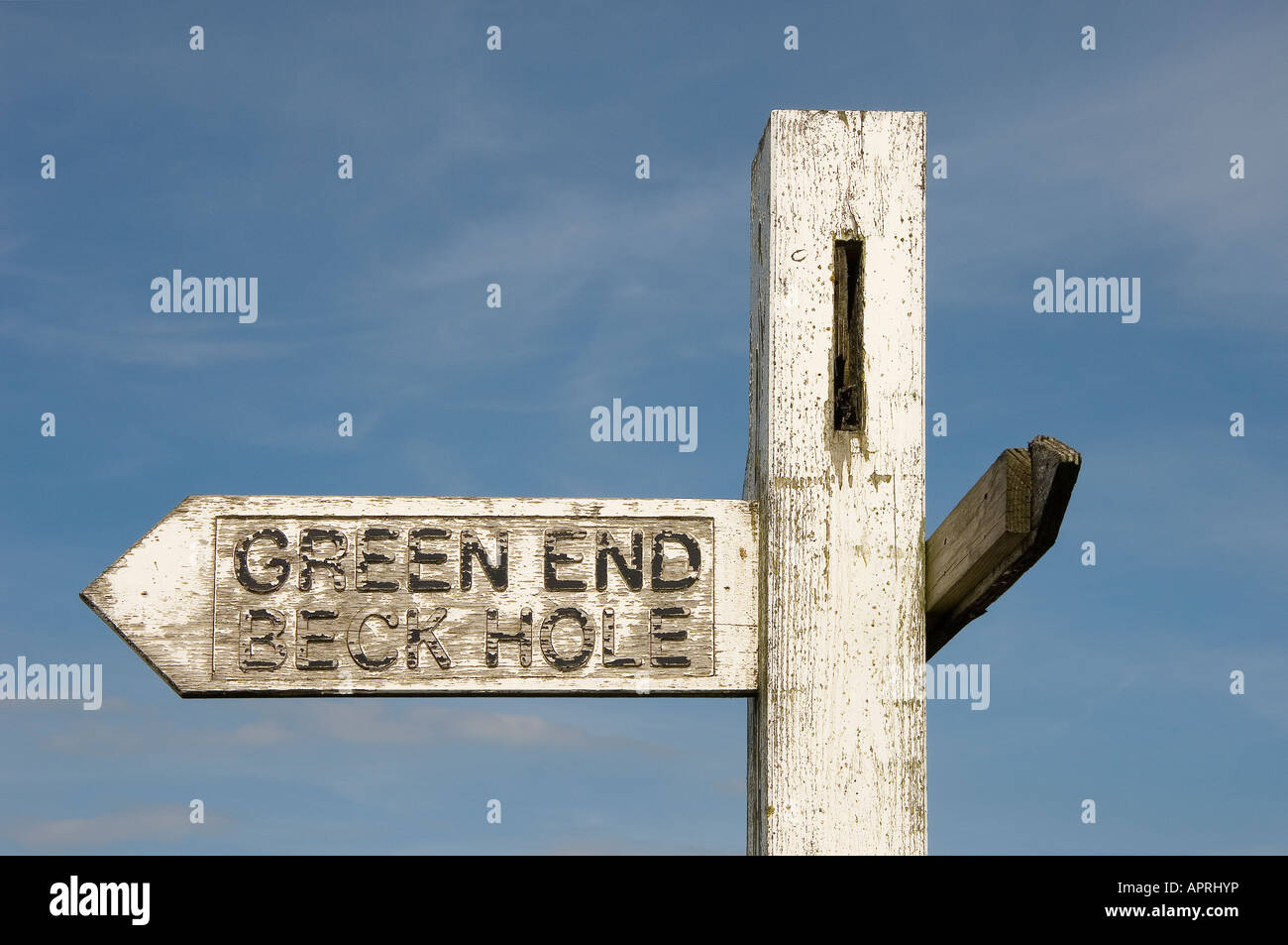 Close up of road sign signpost to Green End Beckhole in summer North ...