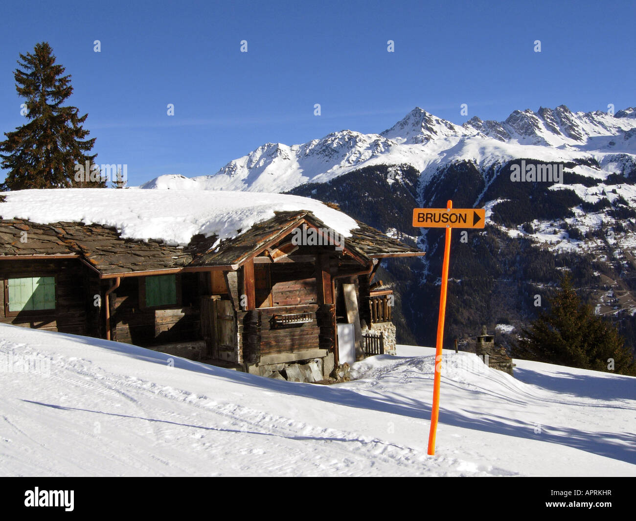 Old chalet in the ski resort of Bruson Switzerland Stock Photo Alamy