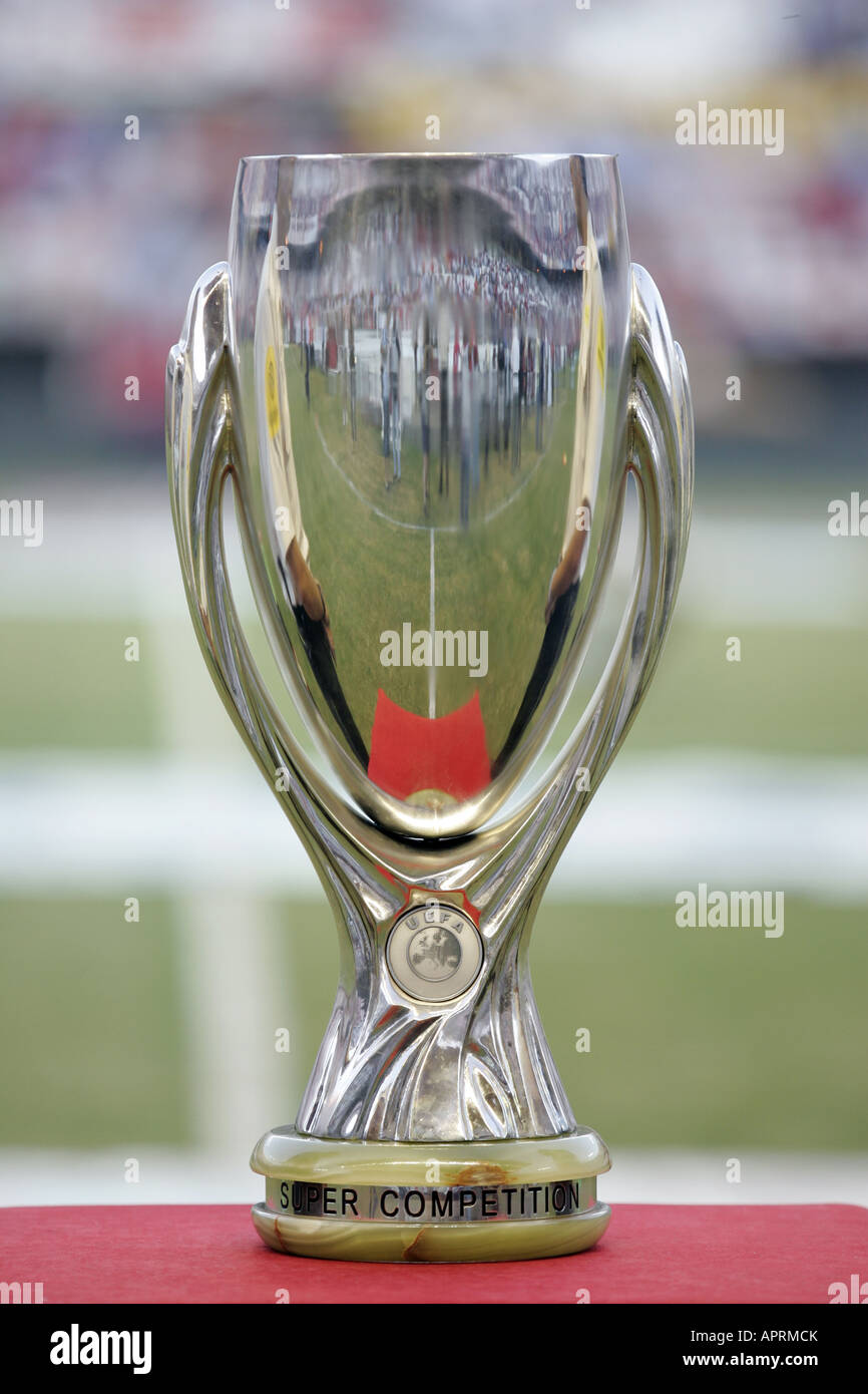 The UEFA Cup 2006, won by Sevilla FC, displayed on the pitch. Stock Photo