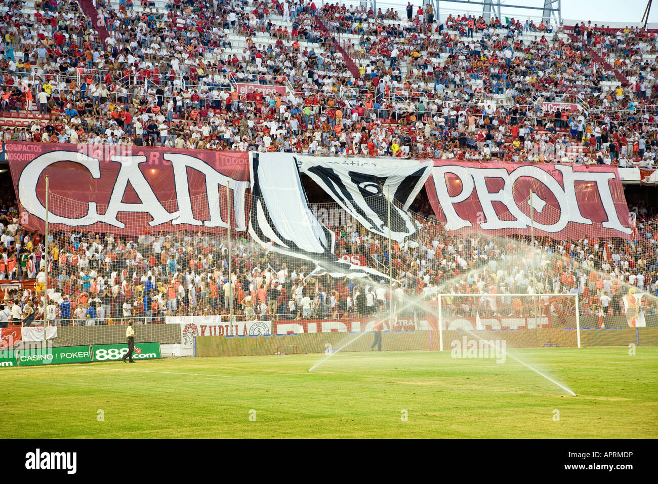 Tifo by Sevilla FC fans forming the word Campeon'' (Champion). Stock Photo