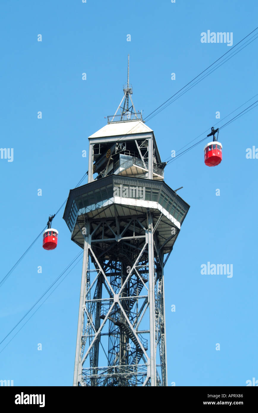 Barcelona red cable cars and tower Stock Photo - Alamy