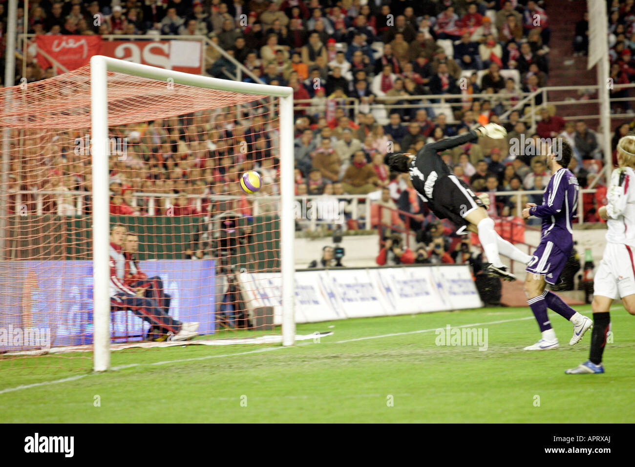 The ball entering the goal shot by Beckham. Stock Photo