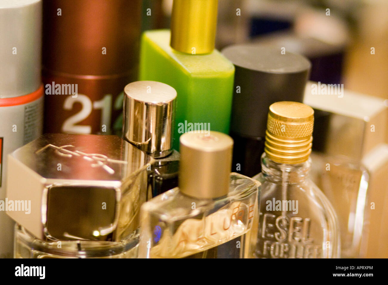 close up collection of designer male perfumes Stock Photo