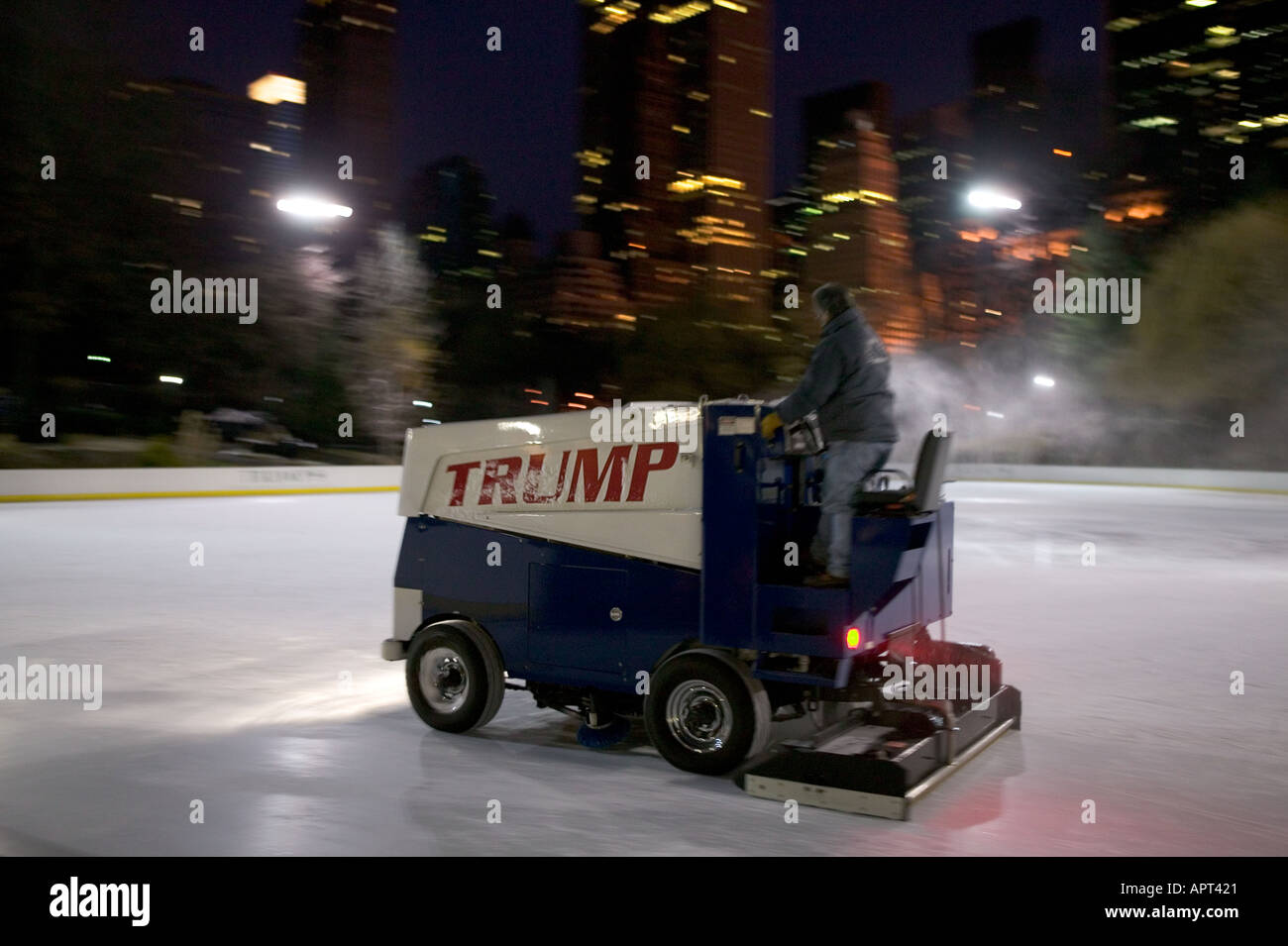 Zamboni machine resurfacing the ice of the Wollman rink in Central Park