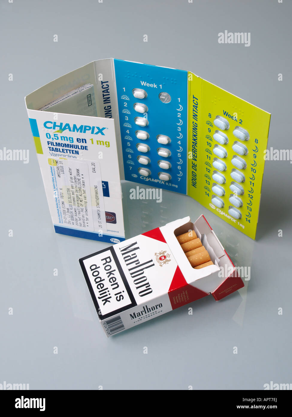 Champix by Pfizer a new medicine drug to quit stop smoking with a pack of Marlboro cigarettes Stock Photo