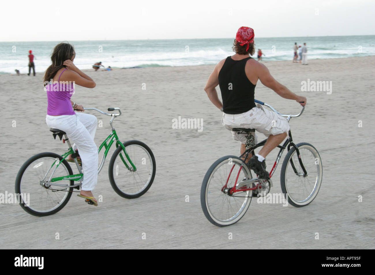 Miami Beach Florida,Atlantic Shore,shoreline,coast,coastline,seashore,coast,between weather,Hurricane Frances feeder bands,cyclists,visitors travel tr Stock Photo