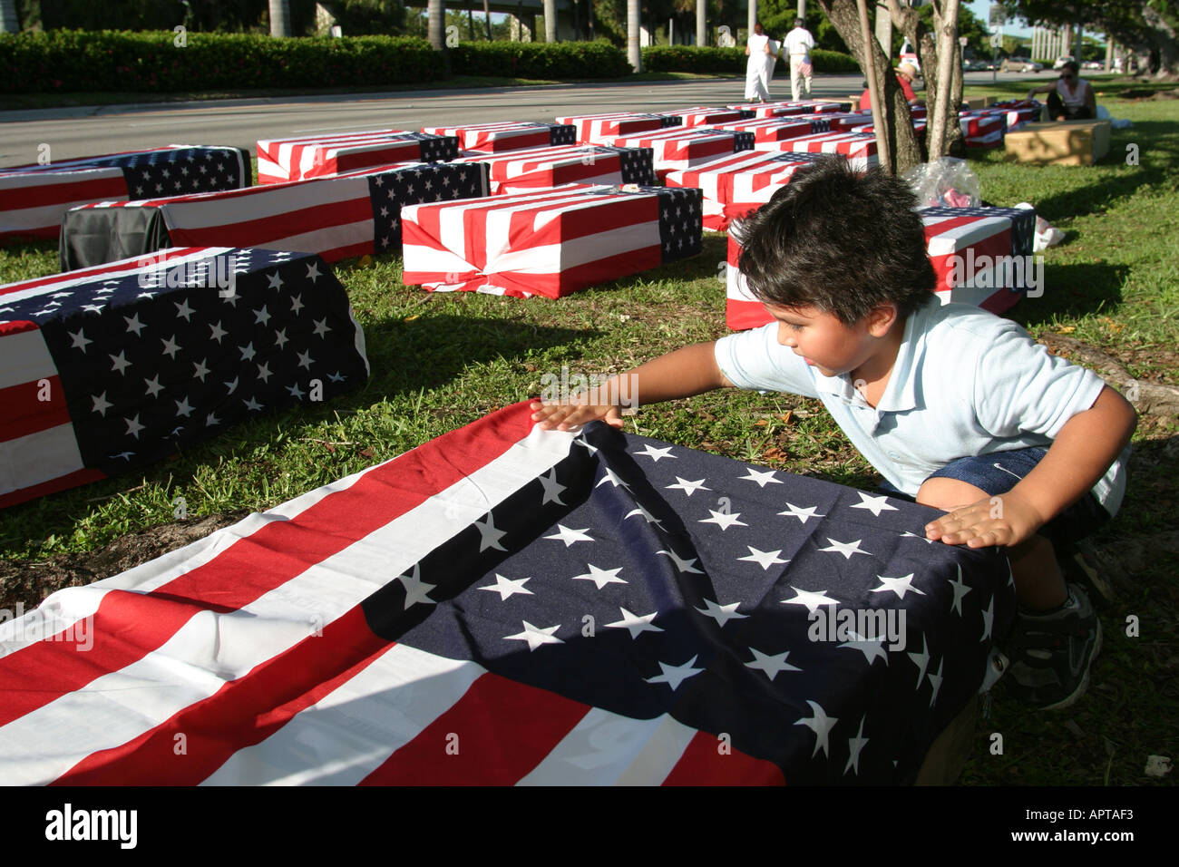 Miami Florida,Coral Gables,University of Miami,first Bush Kerry Presidential debate,campaigning,protesting,mock US flag draped coffins symbolize Iraqi Stock Photo