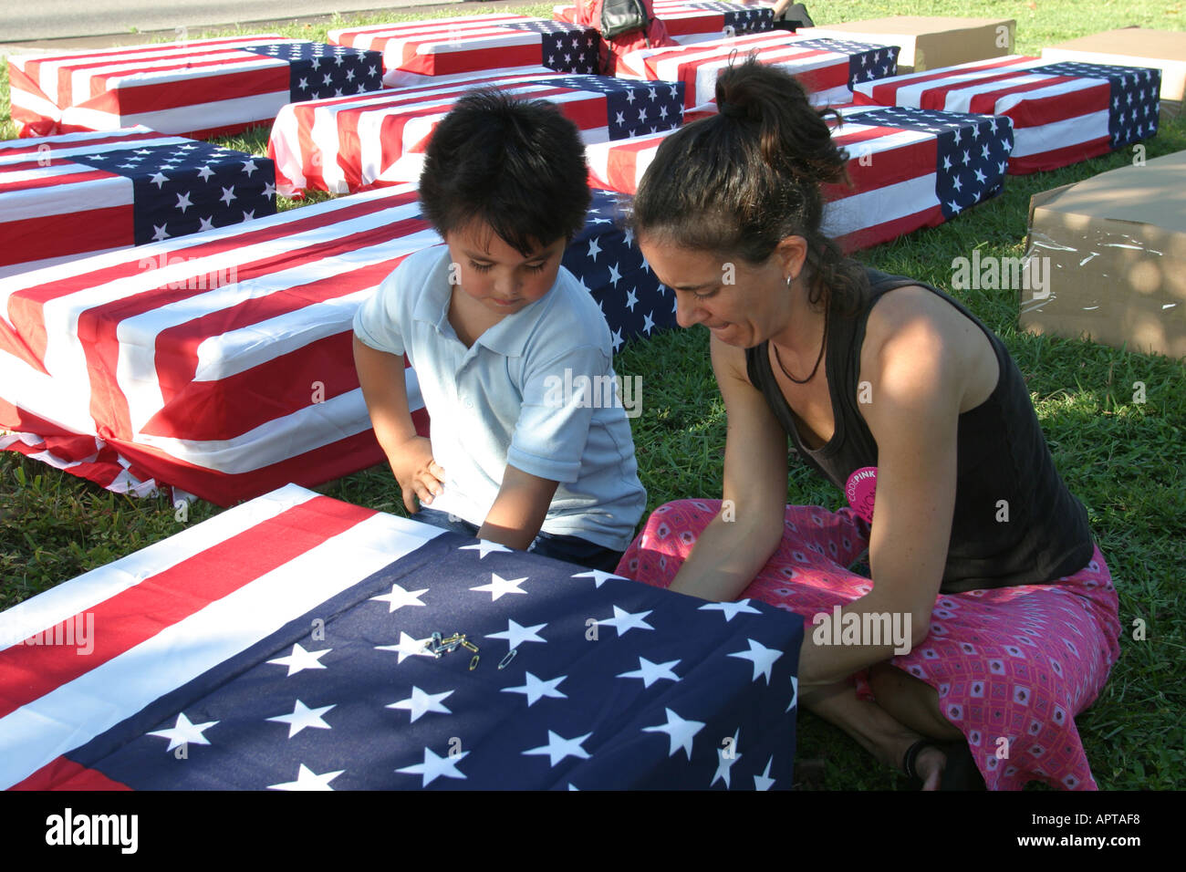 Miami Florida,Coral Gables,University of Miami,first Bush Kerry Presidential debate,campaigning,protesting,mock US flag draped coffins symbolize Iraqi Stock Photo
