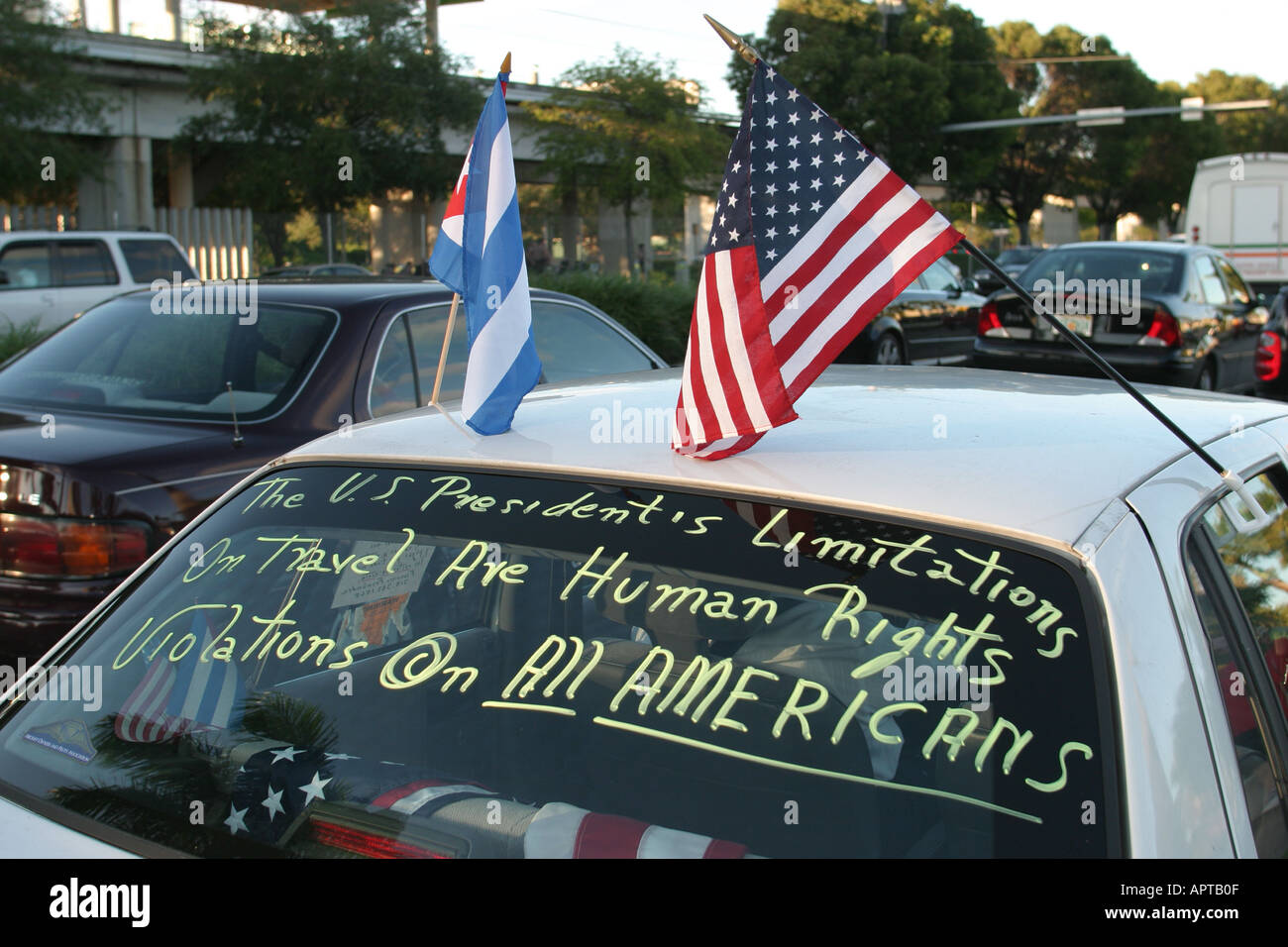 Miami Florida,Coral Gables,University of Miami,first Bush Kerry Presidential debate,campaigning,protesting,car,cars,automobile,automobiles,auto,autos, Stock Photo