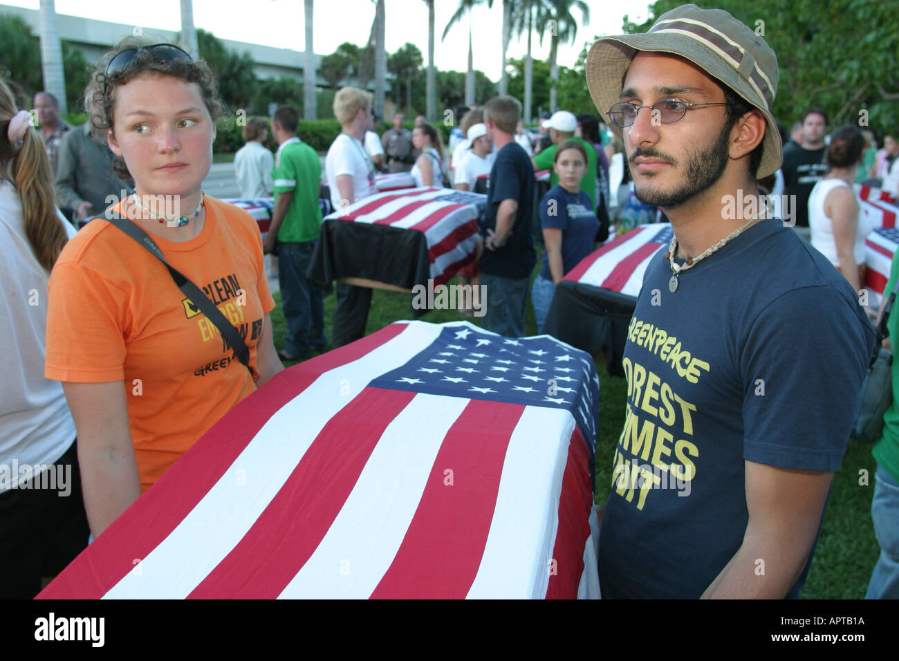 Miami Florida,Coral Gables,first Presidential debate,campaigning,protesting,mock US flag draped coffins symbolize Iraqi War dead,visitors travel trave Stock Photo