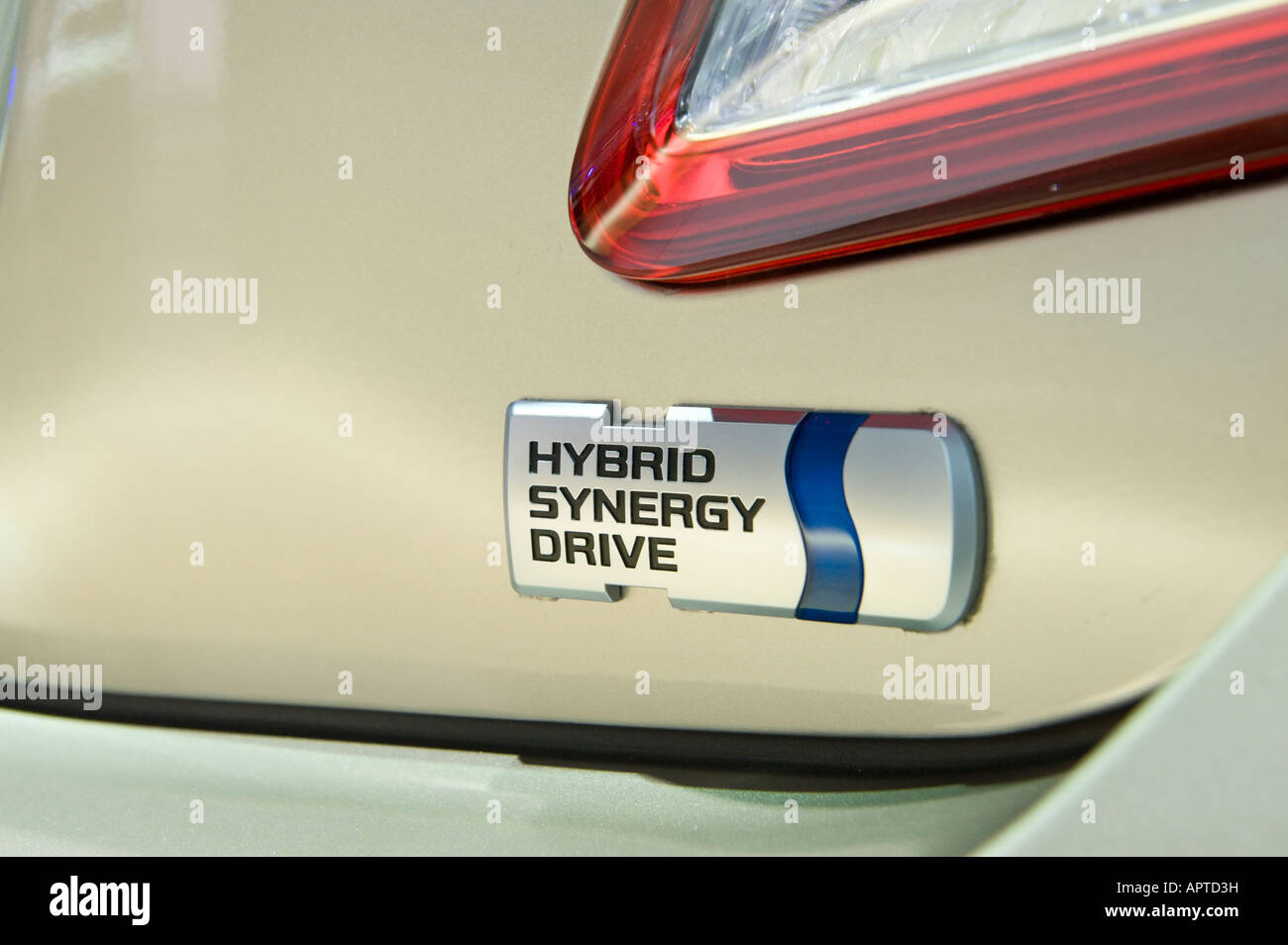 Hybrid Synergy Drive emblem on the back of a 2009 Toyota Camry Hybrid Stock Photo