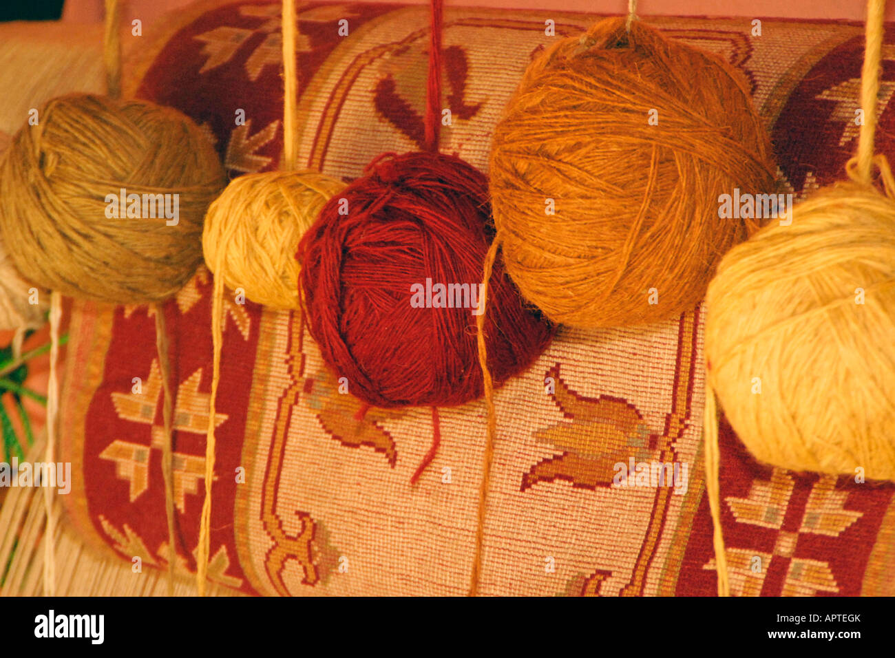 Traditionally dyed yarn for rug weaving, Datca Peninsula, Turkey Stock
