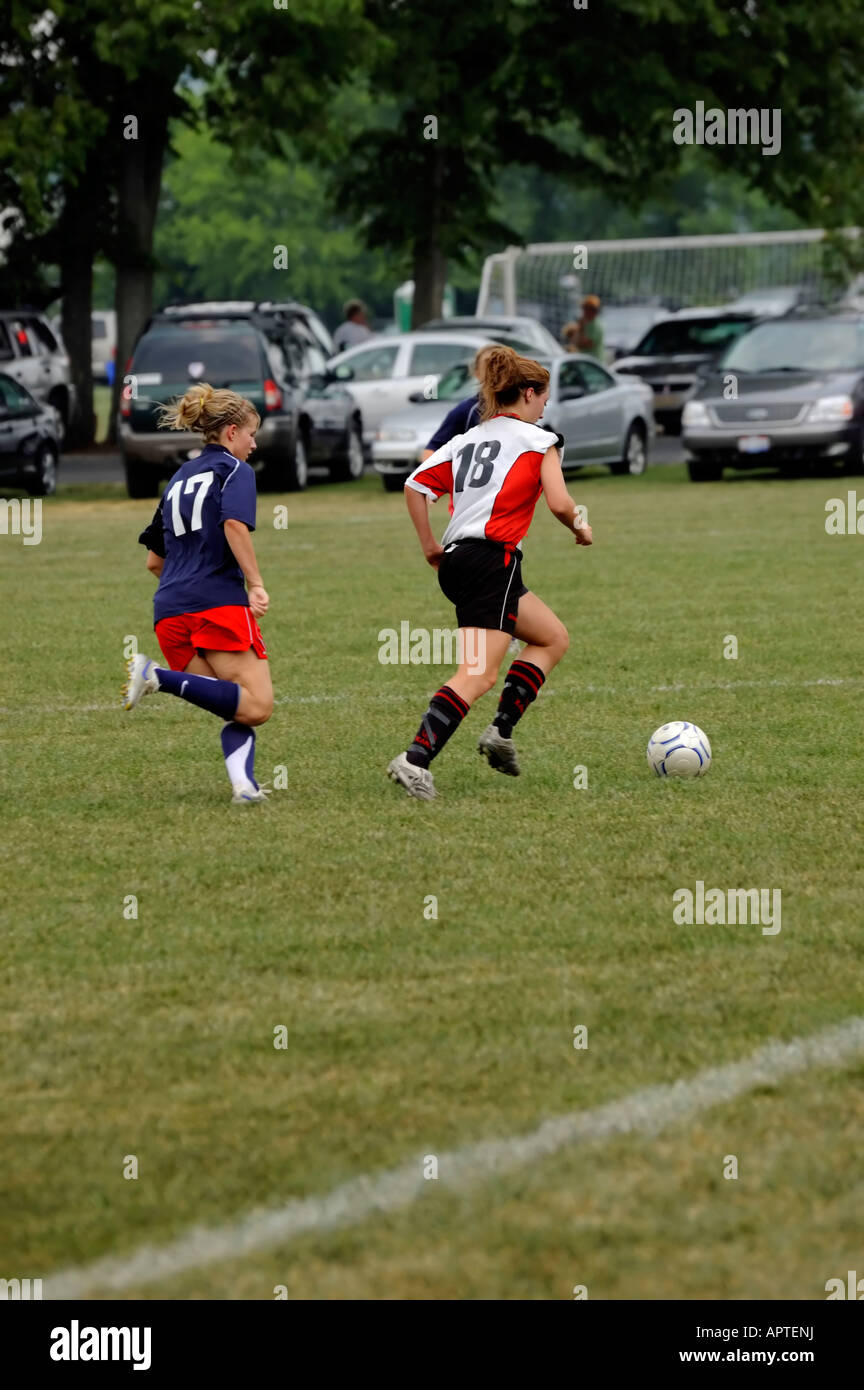 Teenage girl soccer players at the Creek Classic Soccer Tournament in