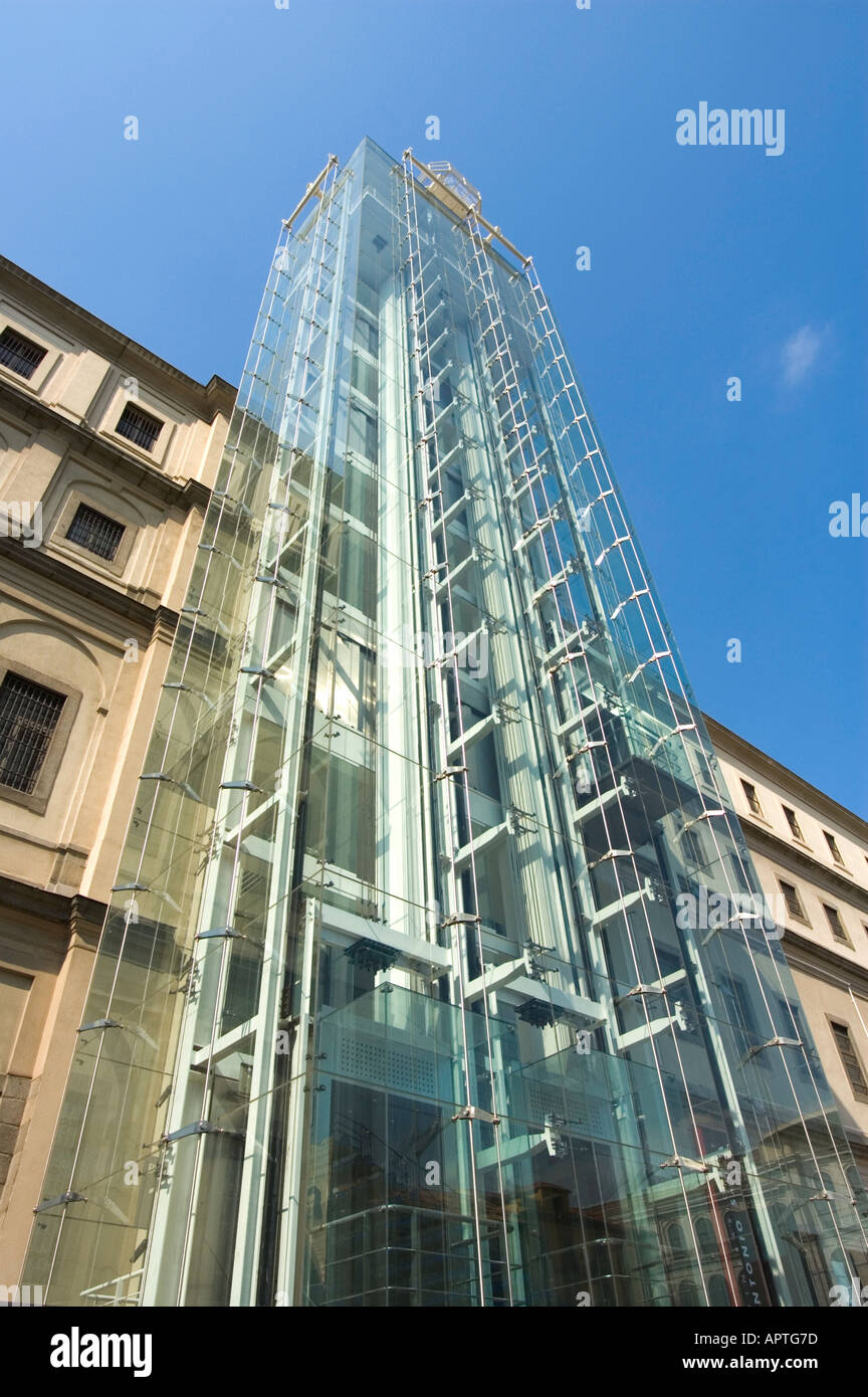 Glass elevator of the modern art museum Centro de Arte Reina Sofia ...