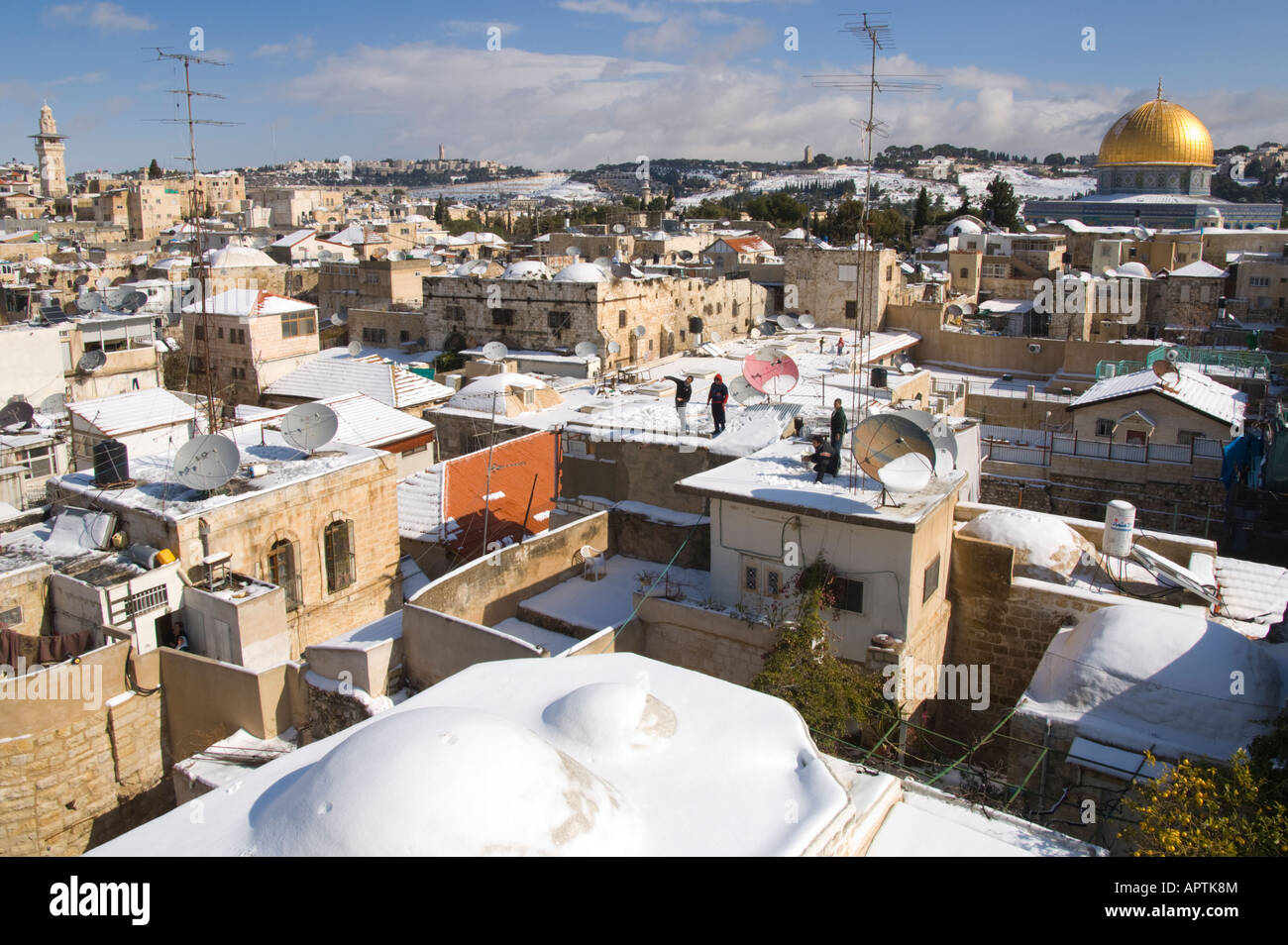 Israel Jerusalem Old City General view from above with thin layer of ...