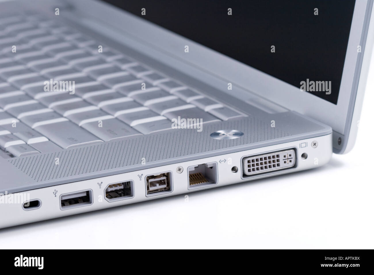 Side of laptop showing connector ports and keyboard Stock Photo